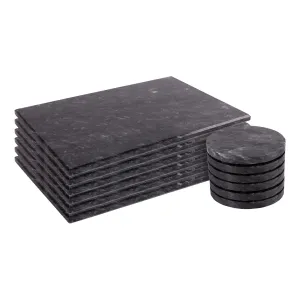 12pc Black Marble Placemats & Round Coasters Set - By Argon Tableware