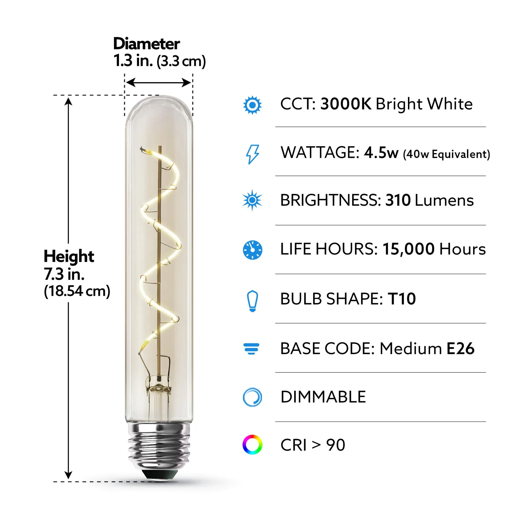 4.5W (40W Equivalent) T10 E26 Dimmable Spiral Filament Clear Glass Vintage Edison LED Light Bulb, Bright White