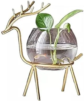 A J HOME DECOR Deer Elegance Glass Planter Set with Gold Stand - Home and Wedding Decor (A B Set) Glass Flower Vase with Gold Metal Stand Propagation Station