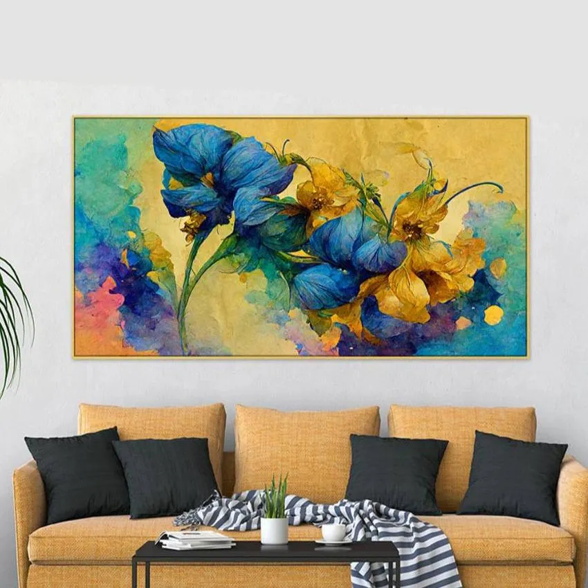 Abstract Blue and Gold Floral Floating Frame Wall Painting | 24 x 12 inches , 36 x 18 inches & 48 x 24 inches