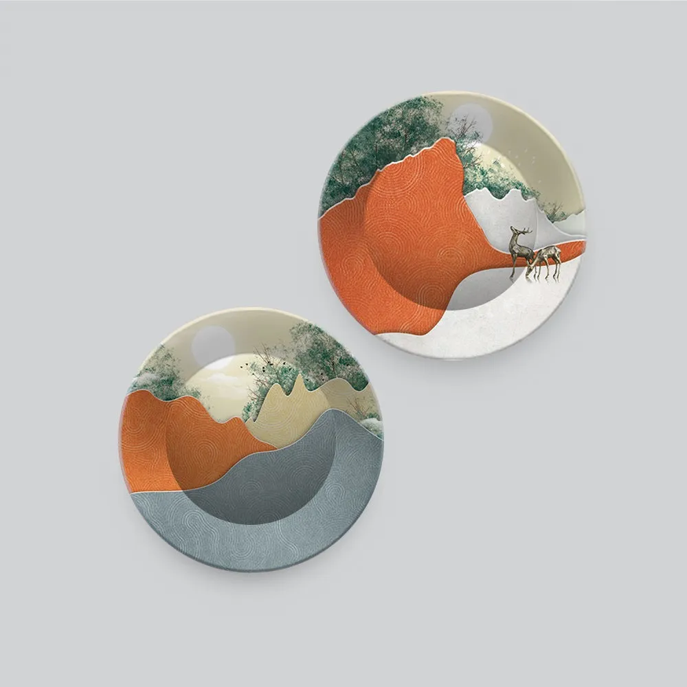 Abstract Mountain Landscape Art with deer Wall Hanging Plates of Two Pieces