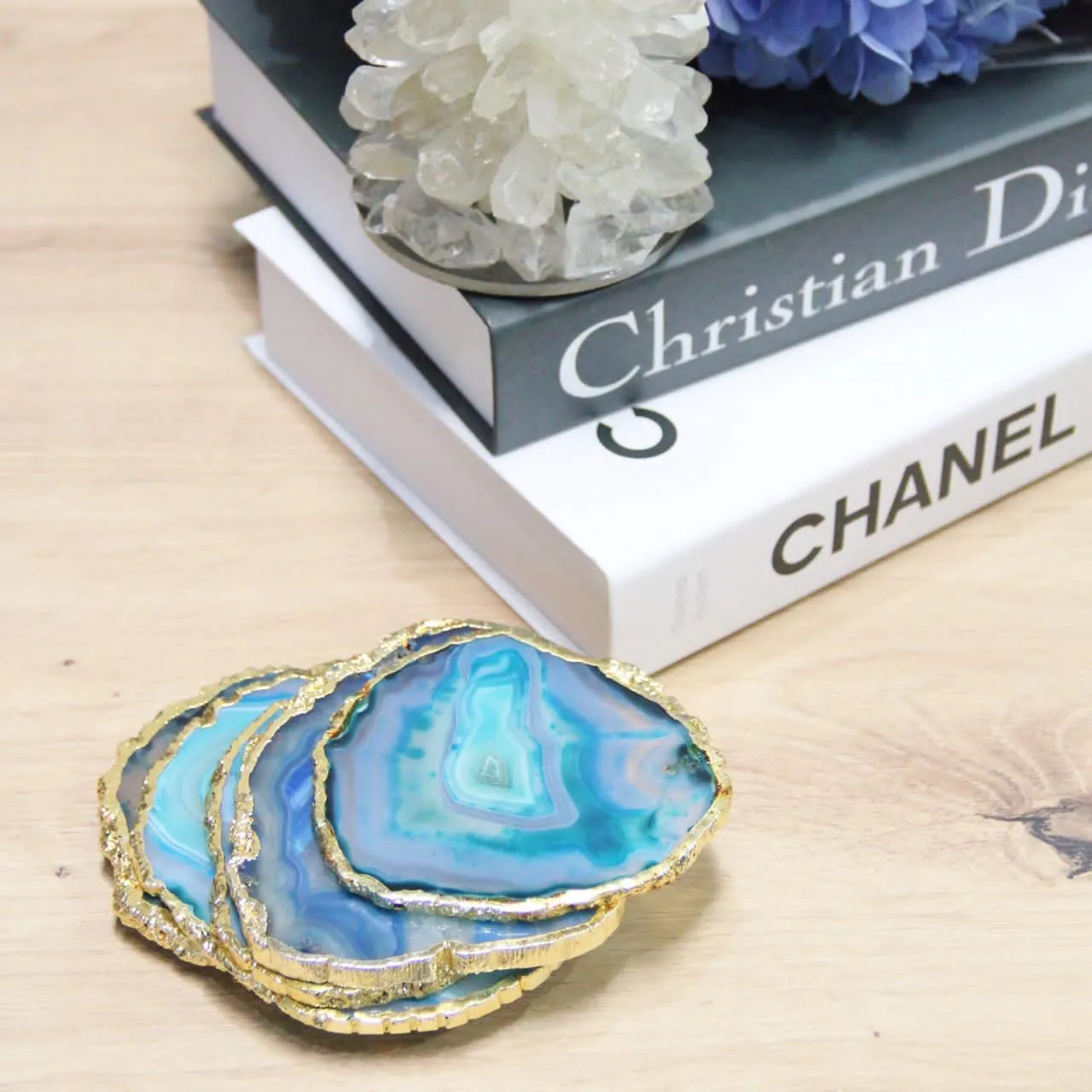 Aish Home Set Of 2 Agate Quartz Coasters Blue With Gold - A007B