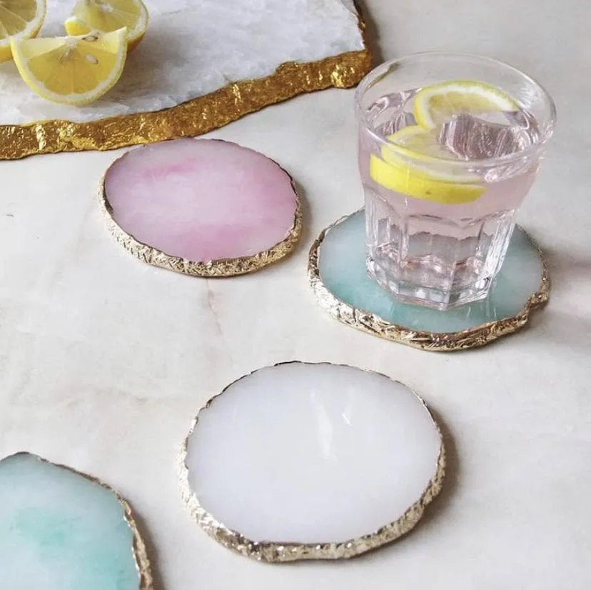 Aish Home Set Of 2 Gilded Quartz Coasters Pink With Gold - A017P