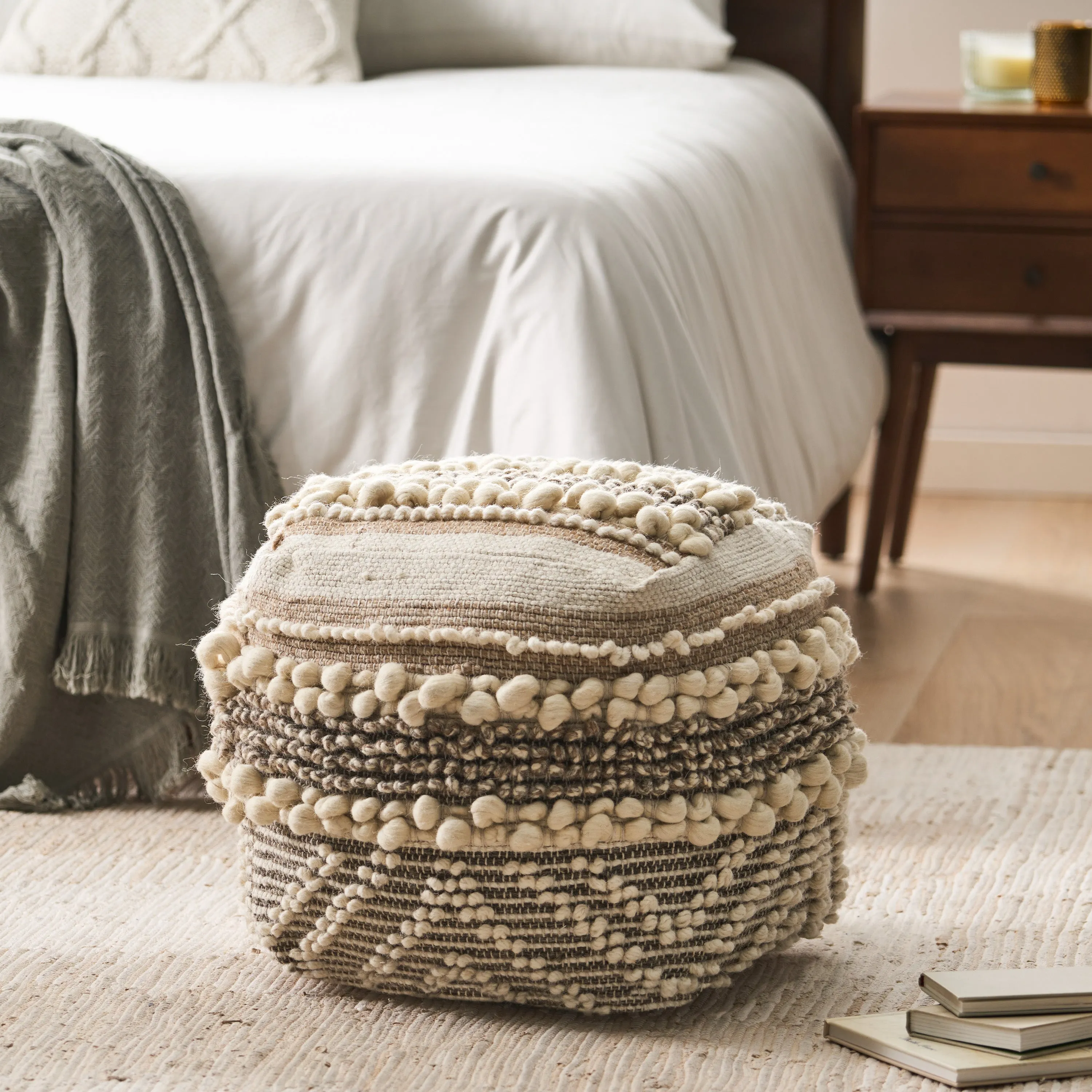 Annabelle Contemporary Wool and Cotton Pouf Ottoman, Natural and White