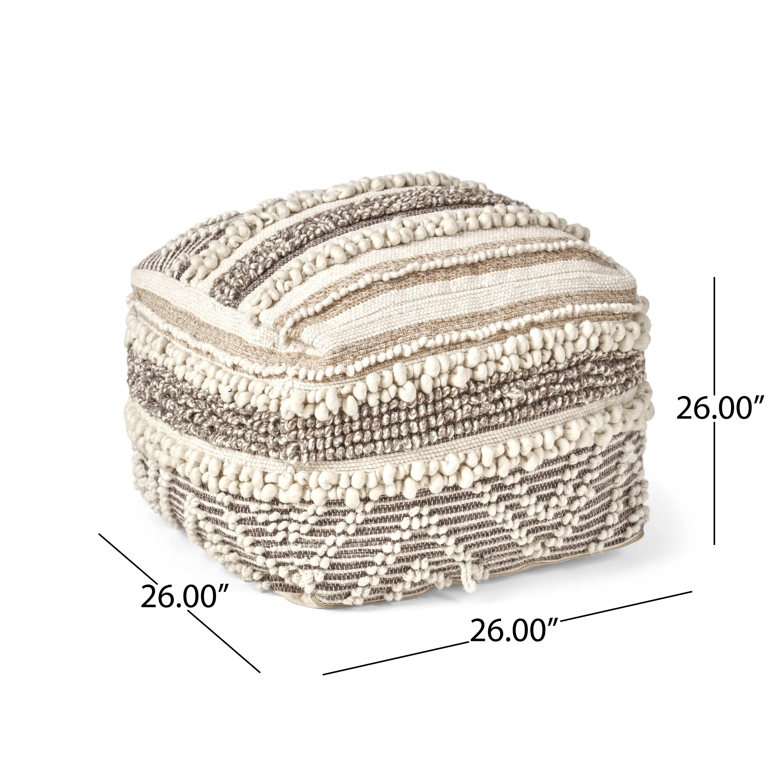 Annabelle Contemporary Wool and Cotton Pouf Ottoman, Natural and White