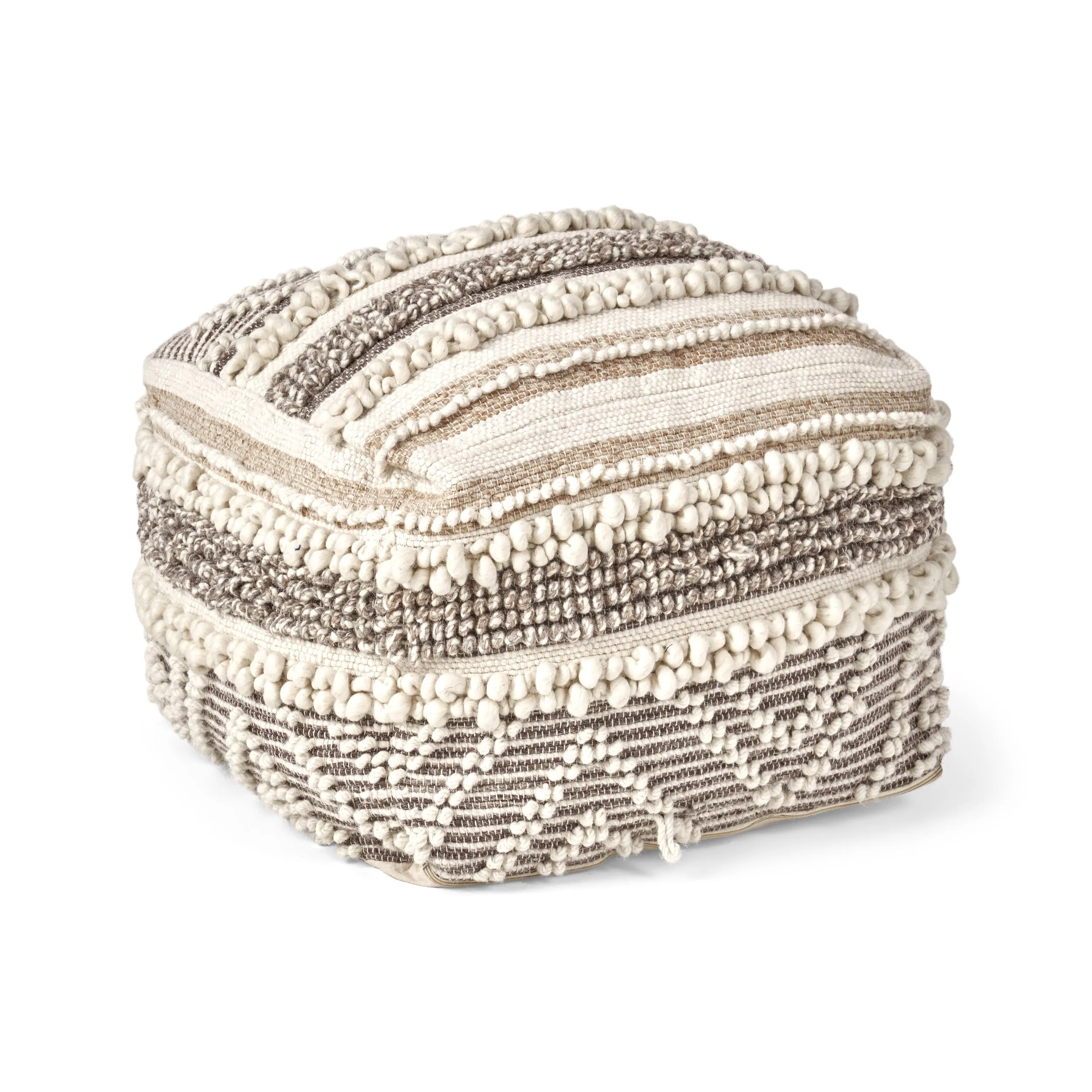 Annabelle Contemporary Wool and Cotton Pouf Ottoman, Natural and White