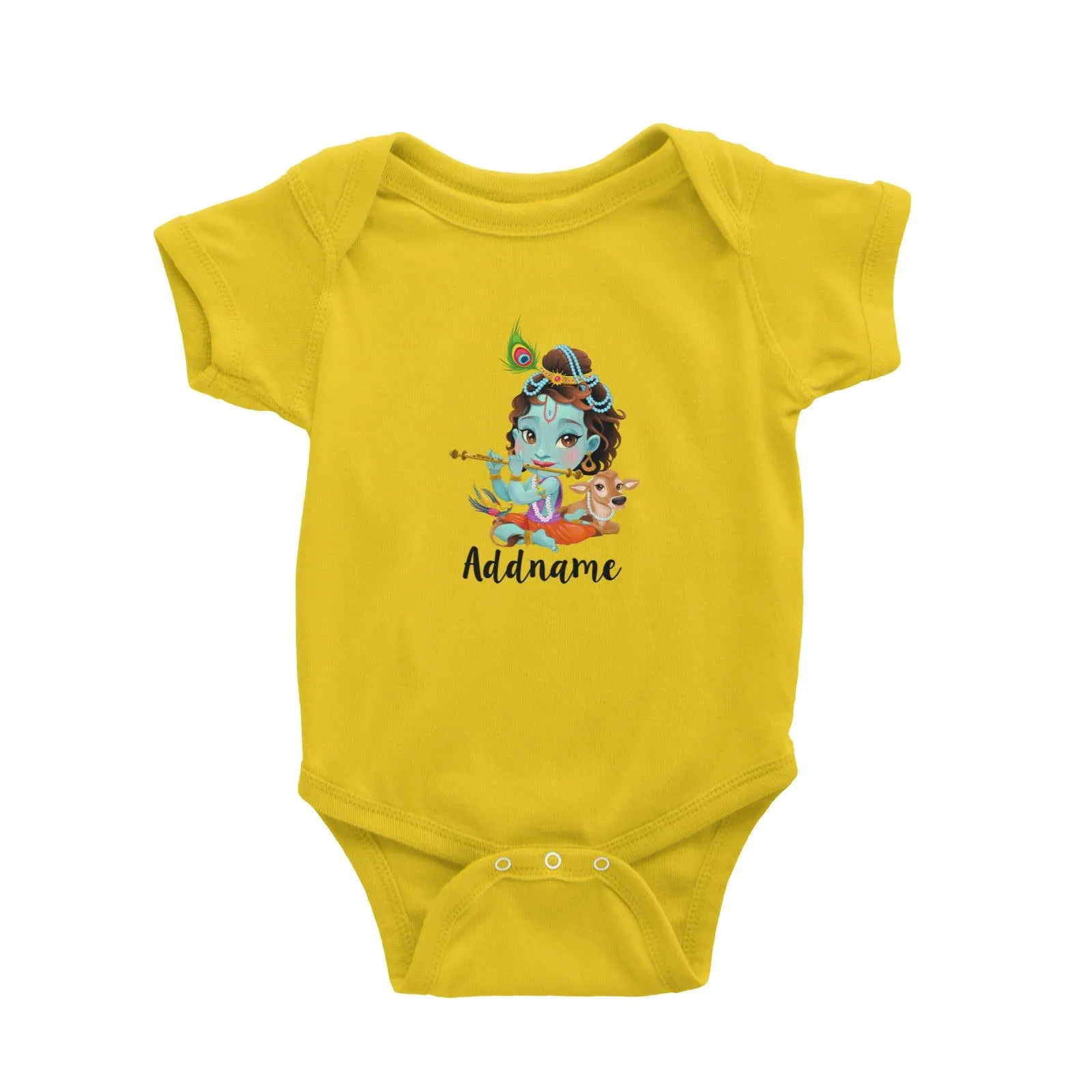 Artistic Krishna Playing Flute with Cow Addname Baby Romper