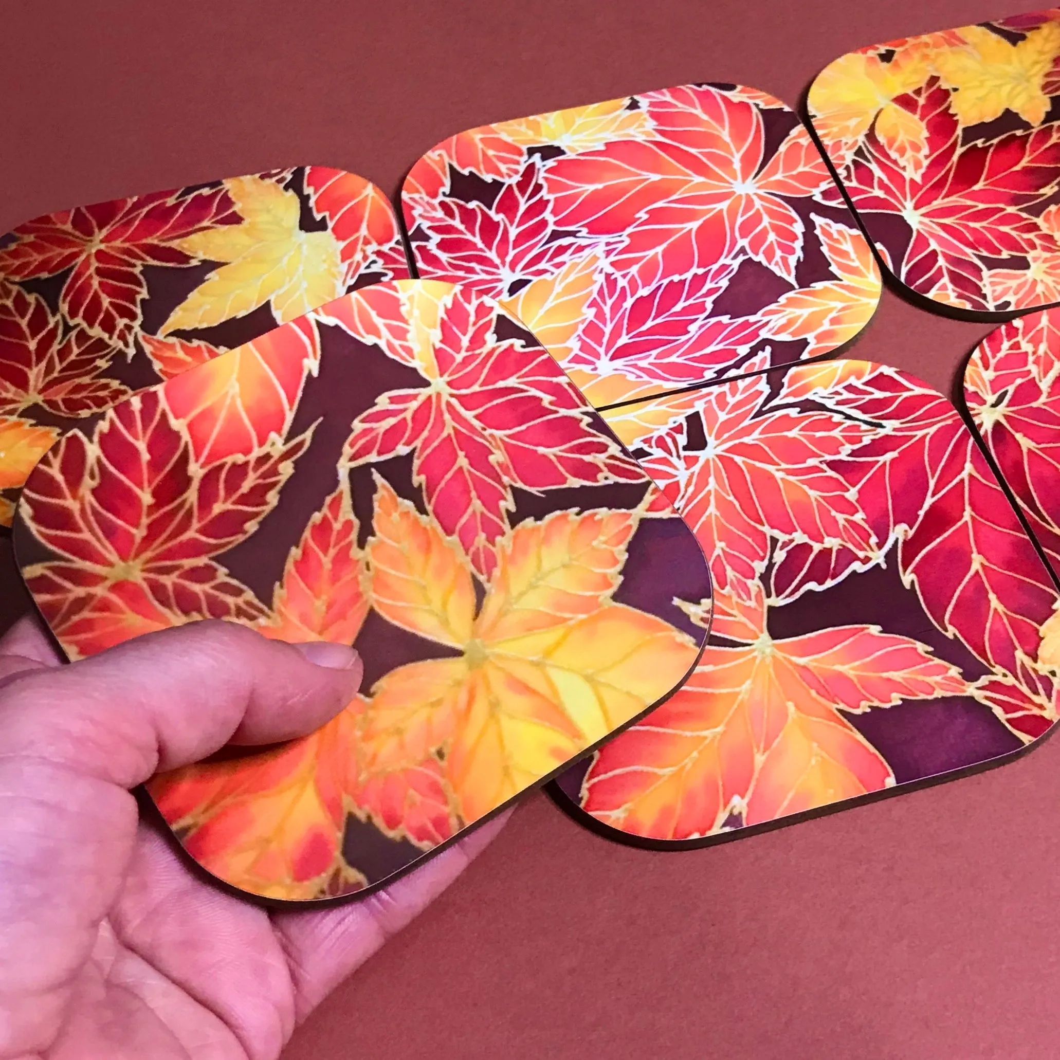 Autumn Leaves Placemats & Coasters - Virginia Creeper Leaves Table Mats - Red Yellow