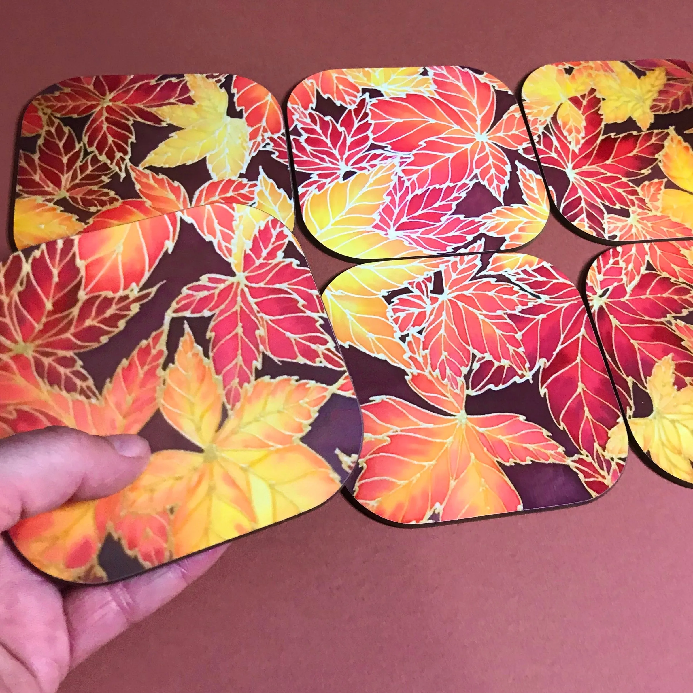 Autumn Leaves Placemats & Coasters - Virginia Creeper Leaves Table Mats - Red Yellow