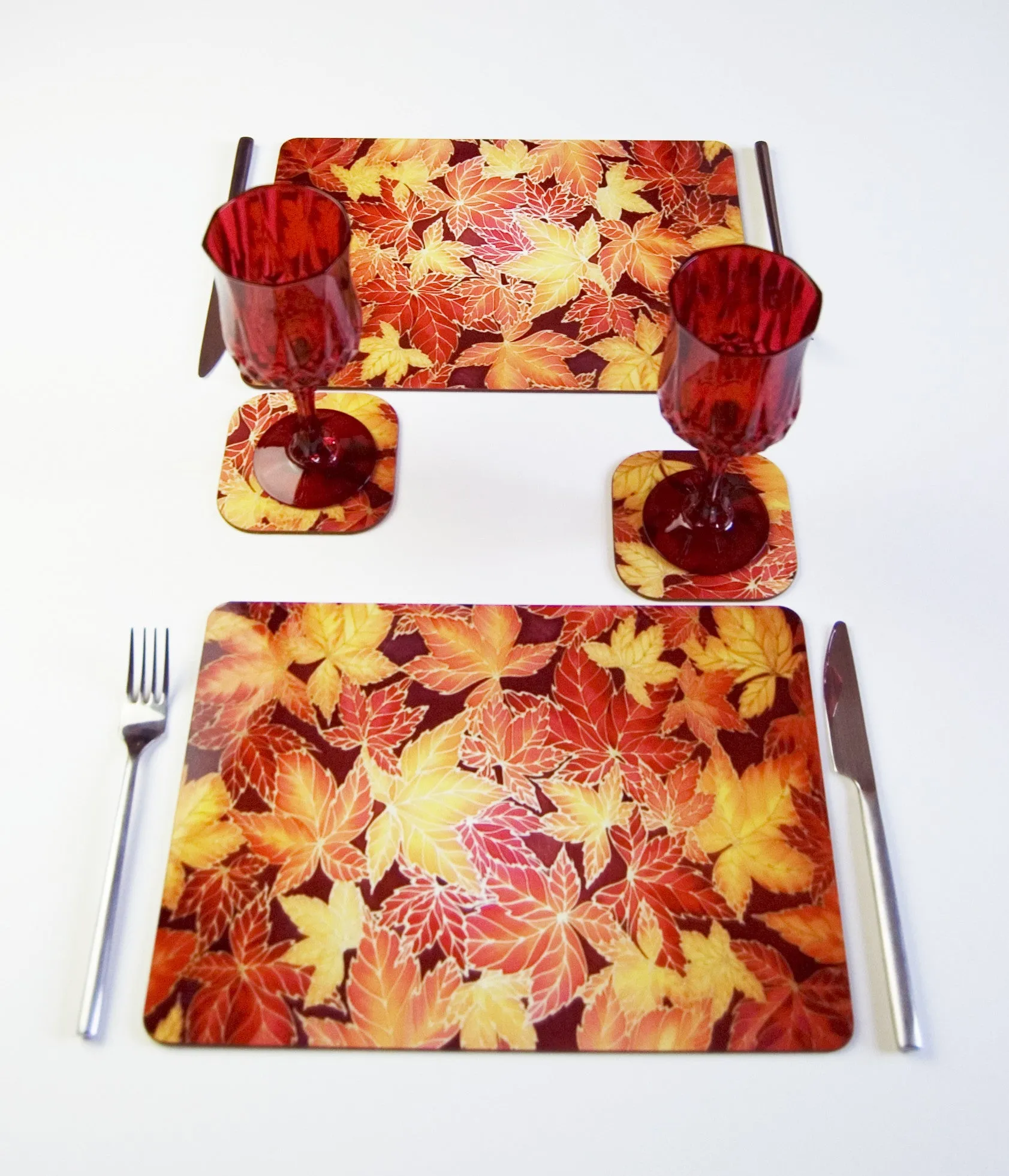 Autumn Leaves Placemats & Coasters - Virginia Creeper Leaves Table Mats - Red Yellow