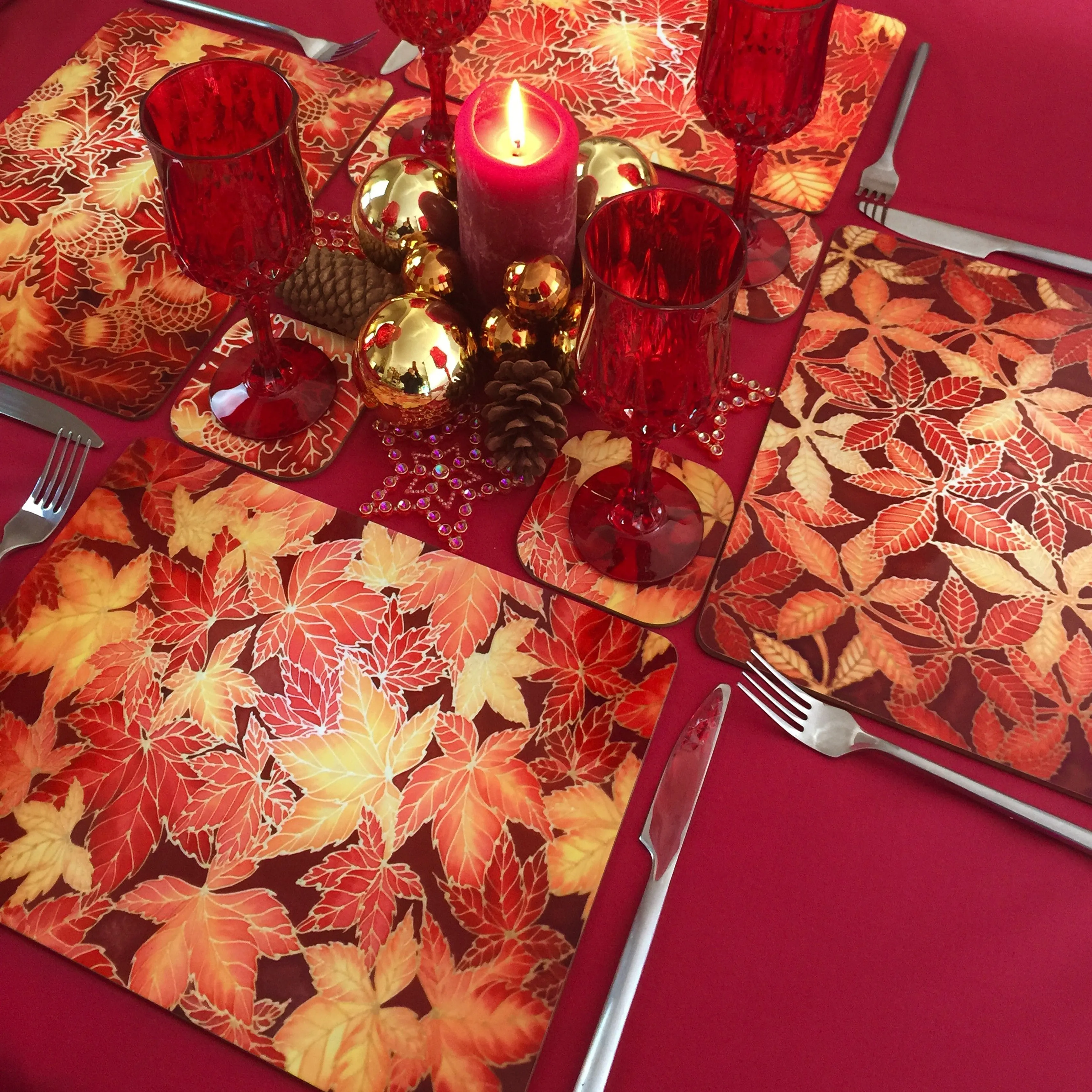 Autumn Leaves Placemats & Coasters - Virginia Creeper Leaves Table Mats - Red Yellow