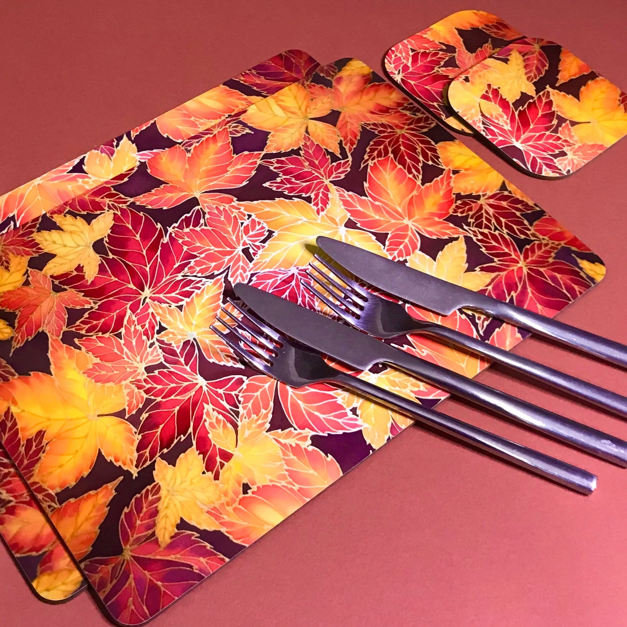 Autumn Leaves Placemats & Coasters - Virginia Creeper Leaves Table Mats - Red Yellow