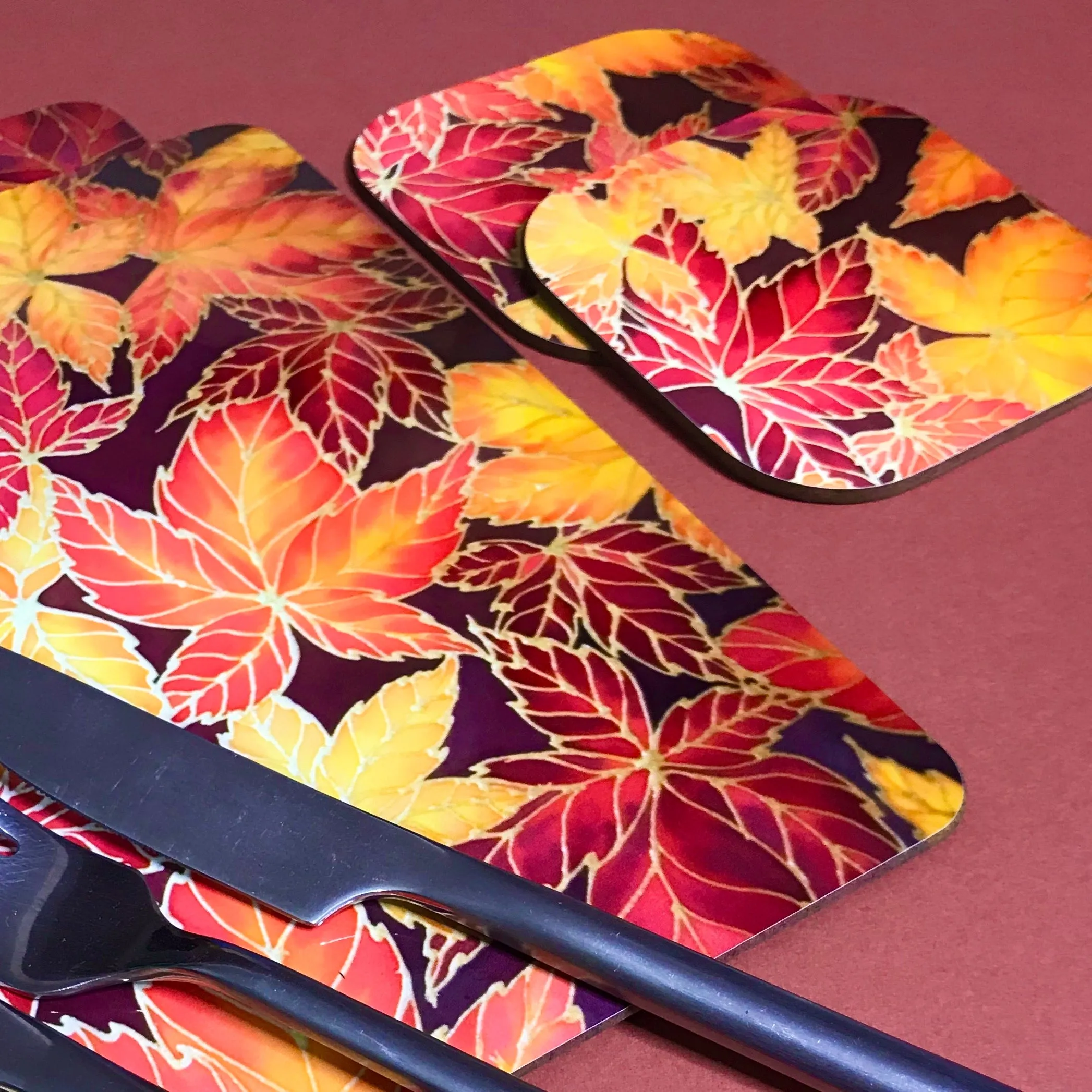 Autumn Leaves Placemats & Coasters - Virginia Creeper Leaves Table Mats - Red Yellow