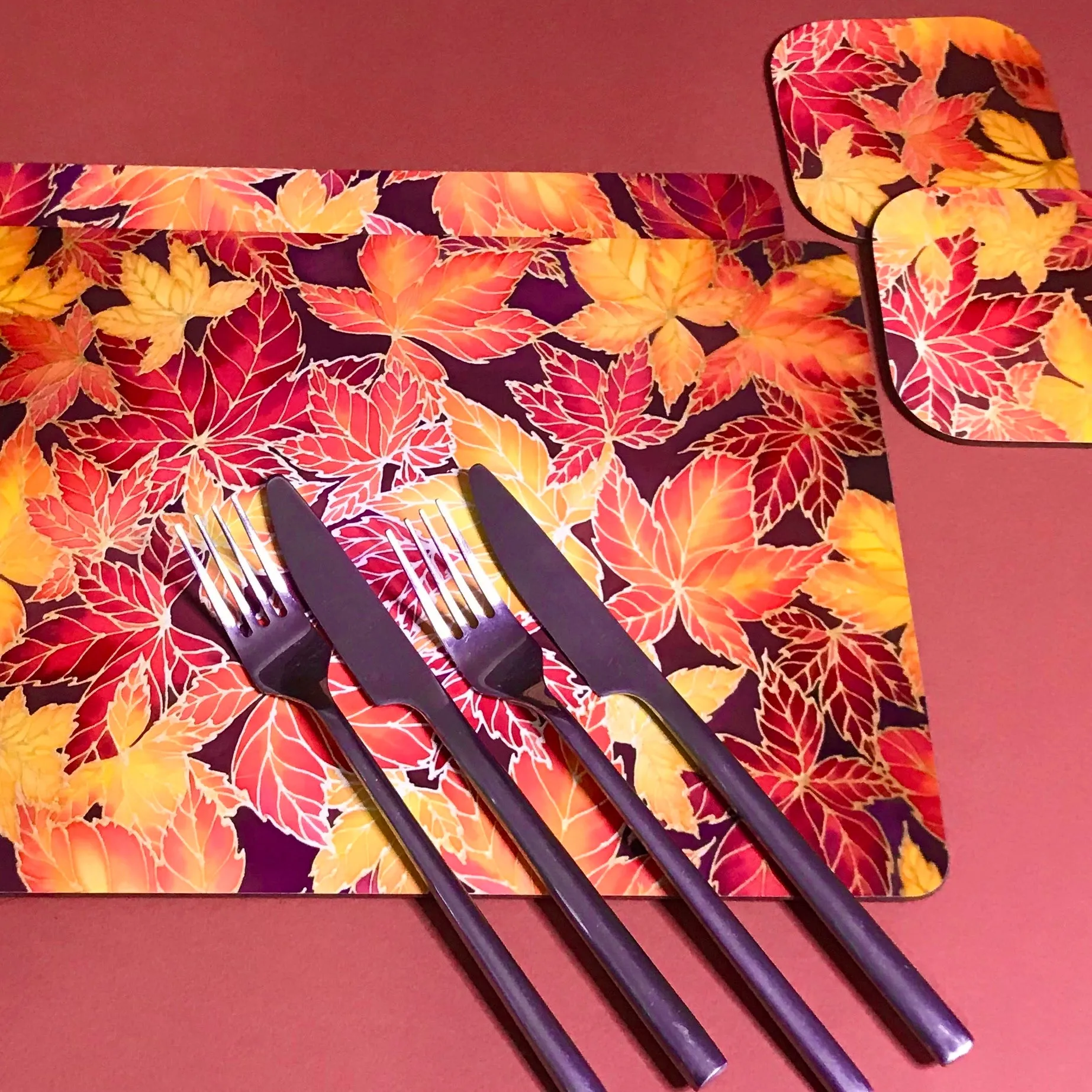 Autumn Leaves Placemats & Coasters - Virginia Creeper Leaves Table Mats - Red Yellow