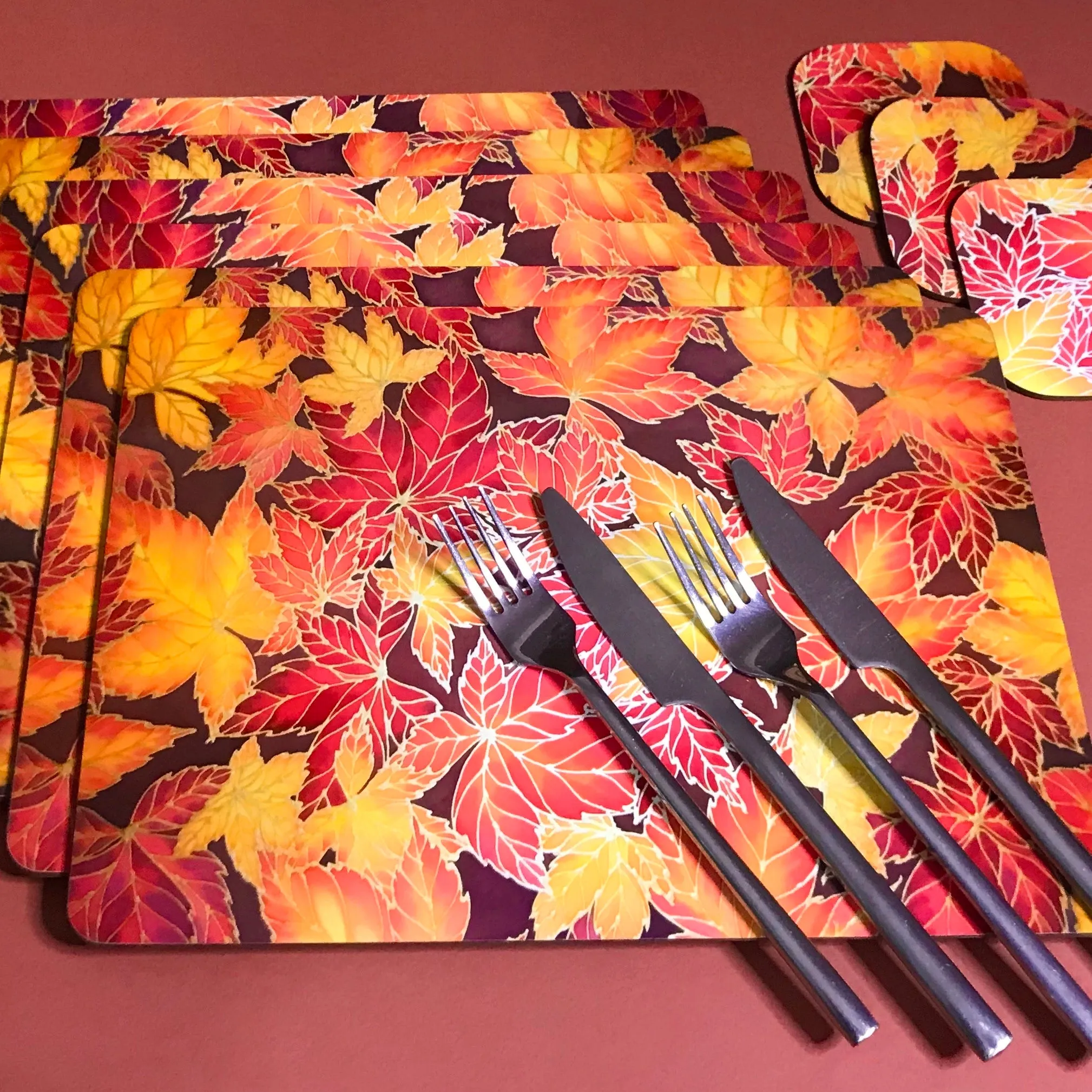 Autumn Leaves Placemats & Coasters - Virginia Creeper Leaves Table Mats - Red Yellow