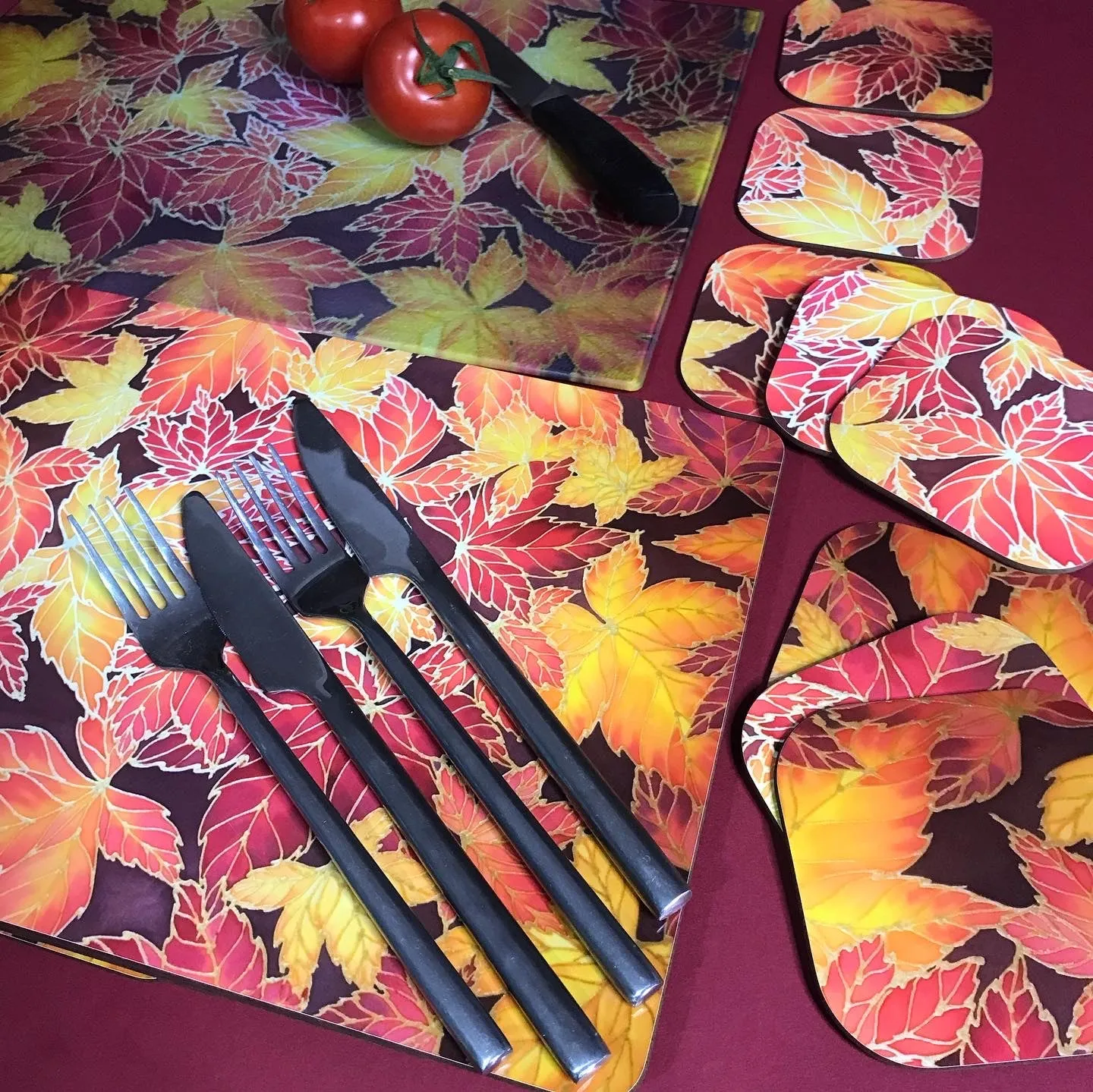 Autumn Leaves Placemats & Coasters - Virginia Creeper Leaves Table Mats - Red Yellow