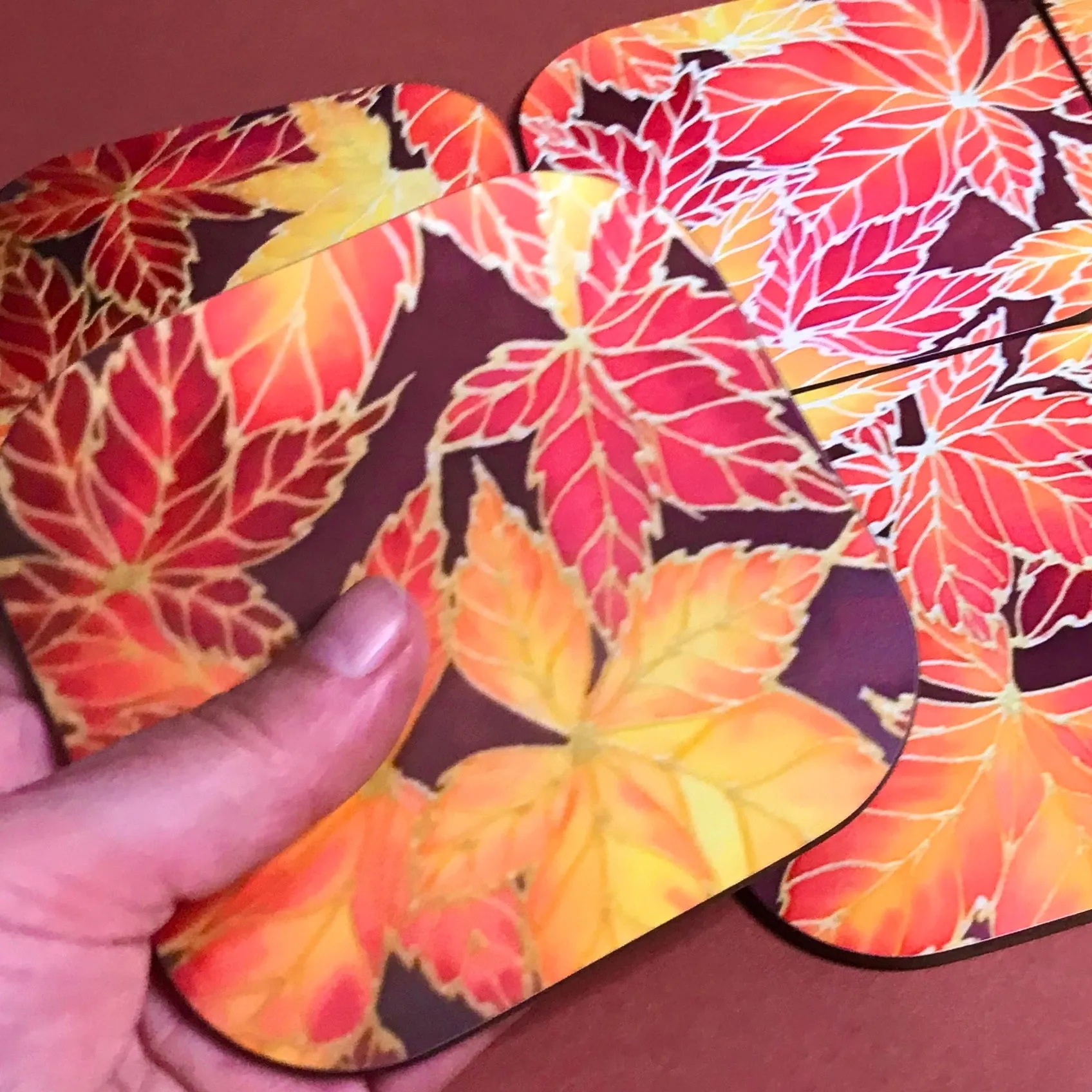 Autumn Leaves Placemats & Coasters - Virginia Creeper Leaves Table Mats - Red Yellow