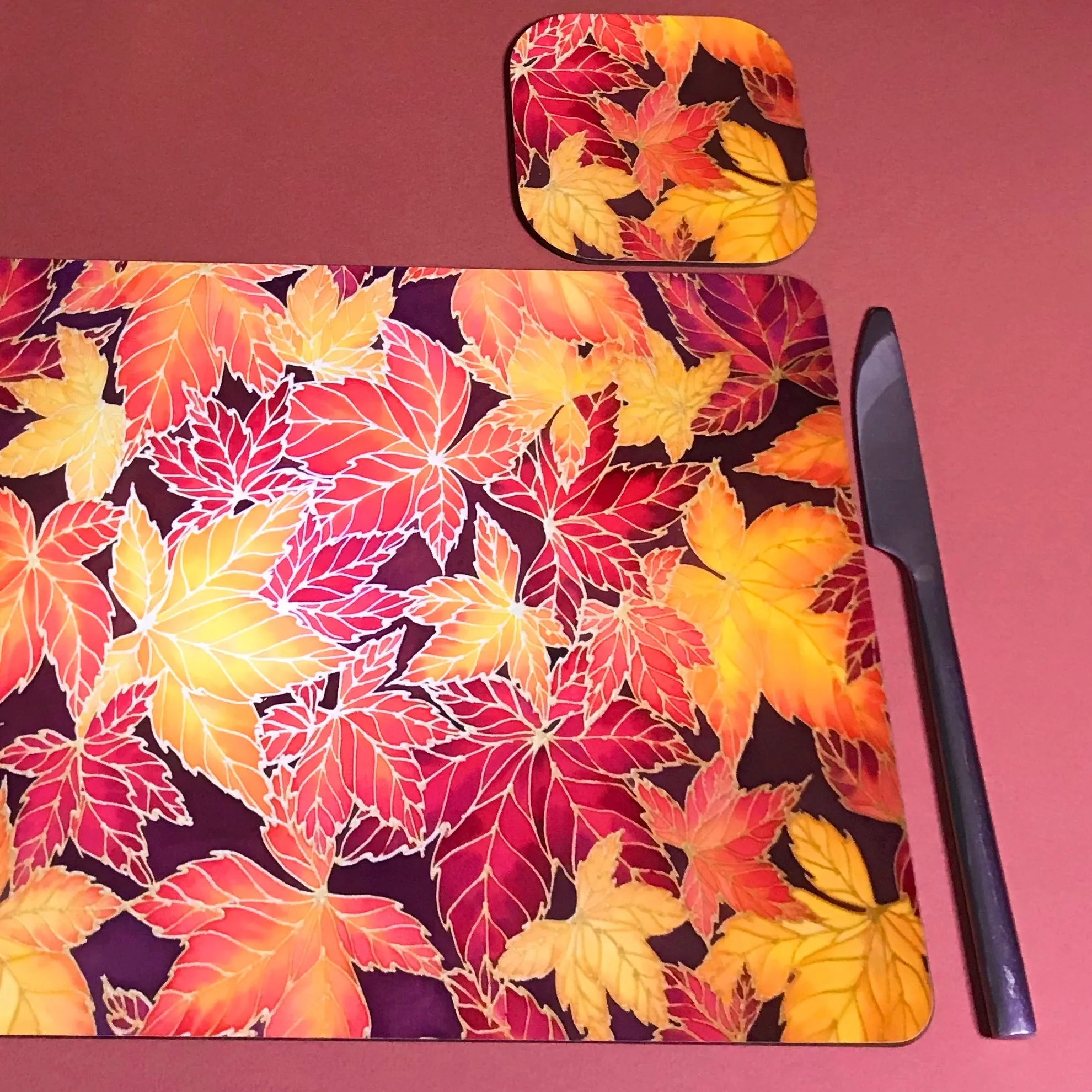 Autumn Leaves Placemats & Coasters - Virginia Creeper Leaves Table Mats - Red Yellow