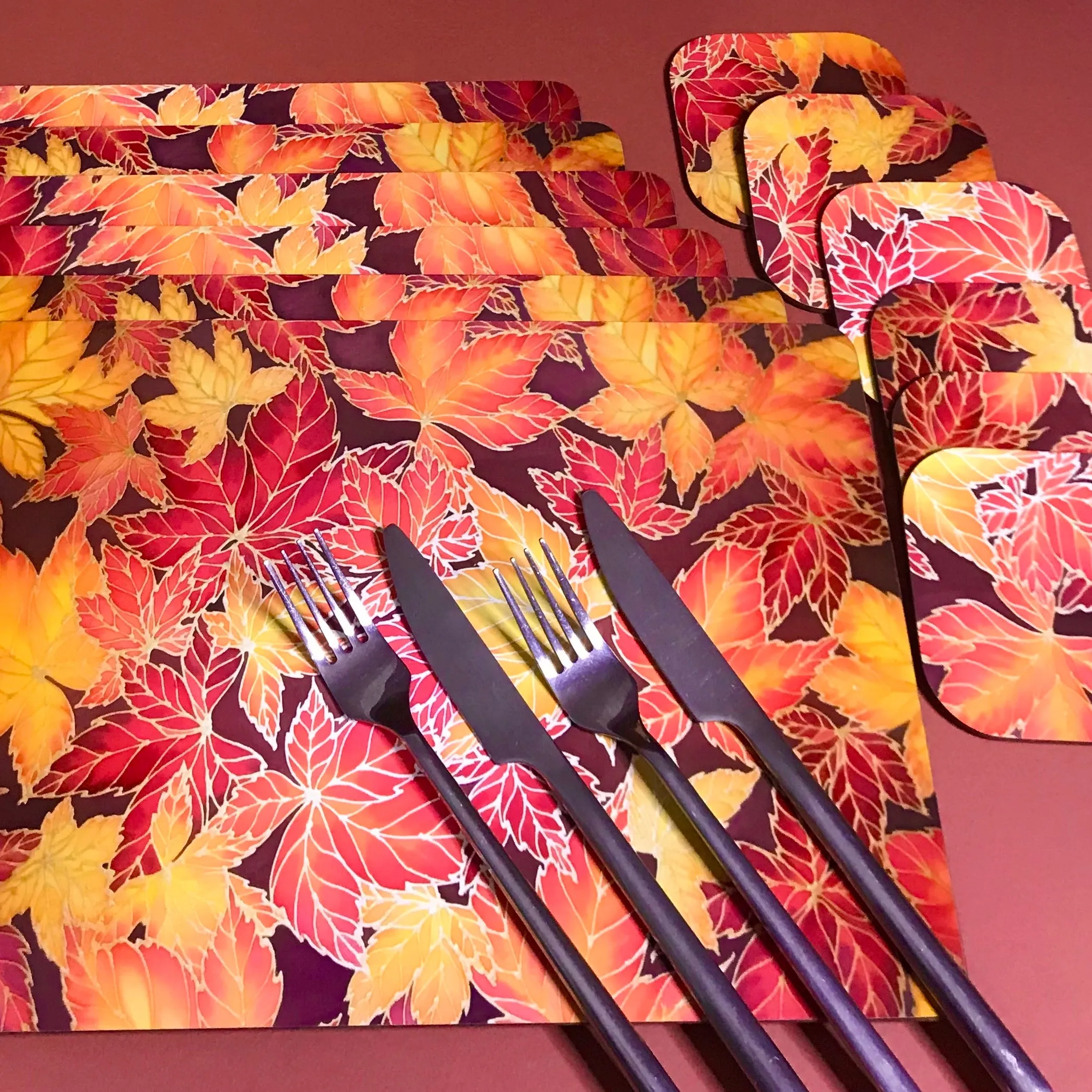 Autumn Leaves Placemats & Coasters - Virginia Creeper Leaves Table Mats - Red Yellow