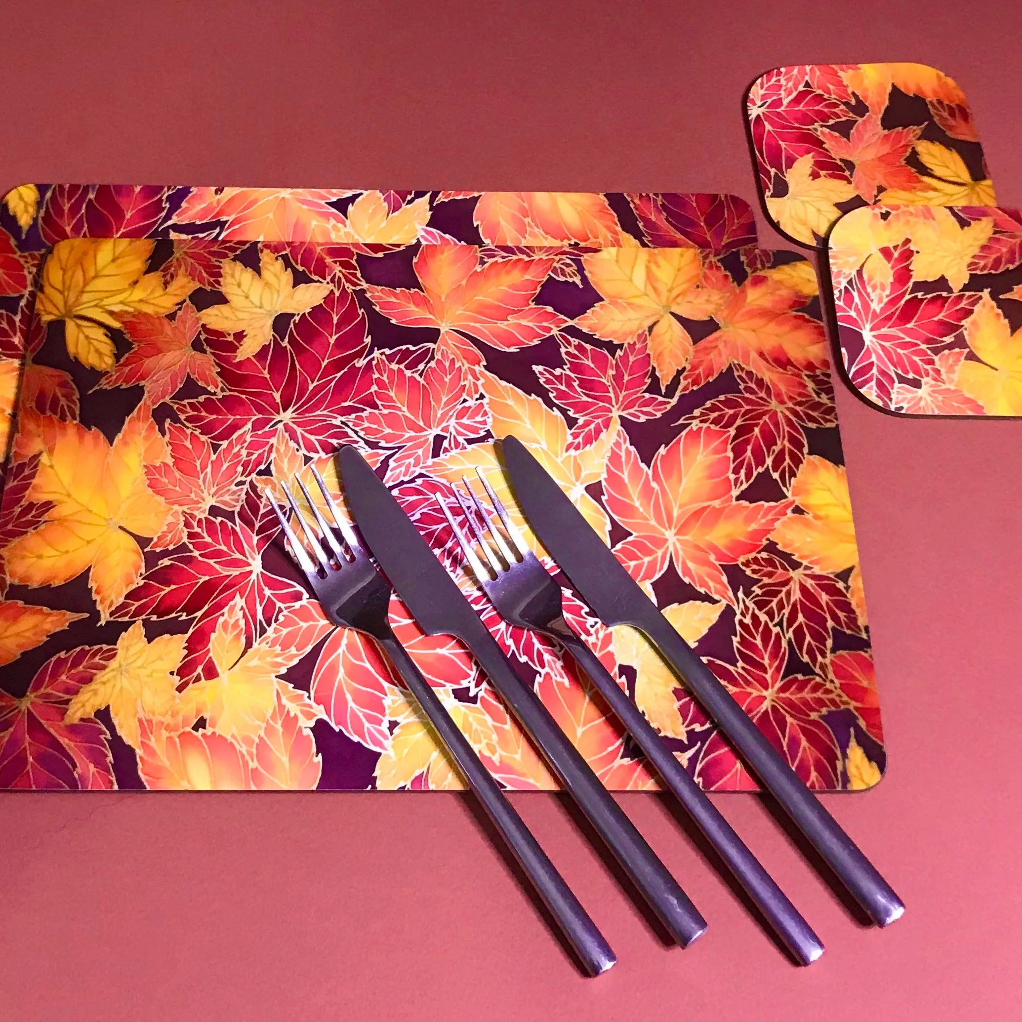 Autumn Leaves Placemats & Coasters - Virginia Creeper Leaves Table Mats - Red Yellow