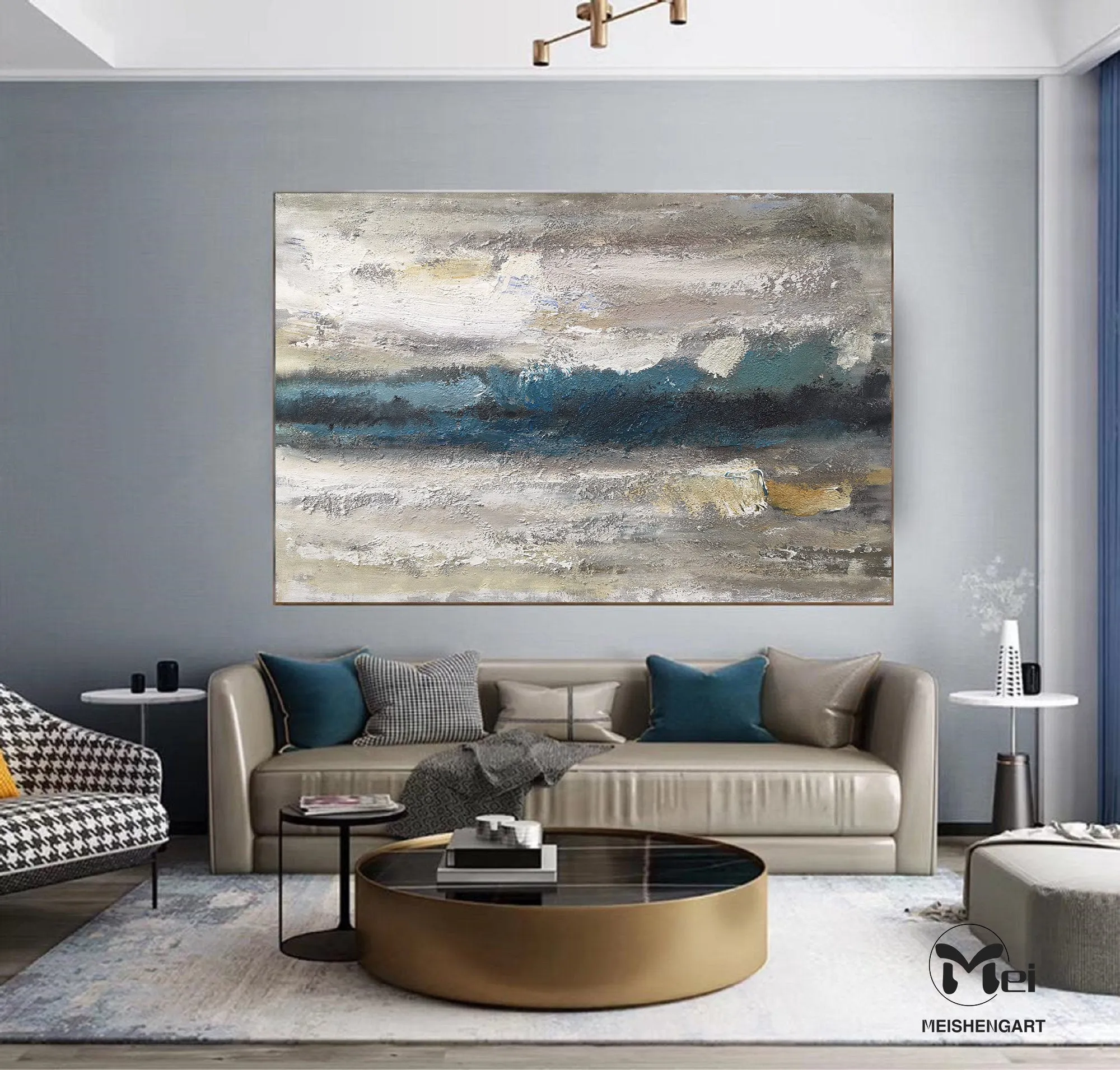 Beige and Blue Abstract Painting Heavy Texture Painting Living Room Kp023