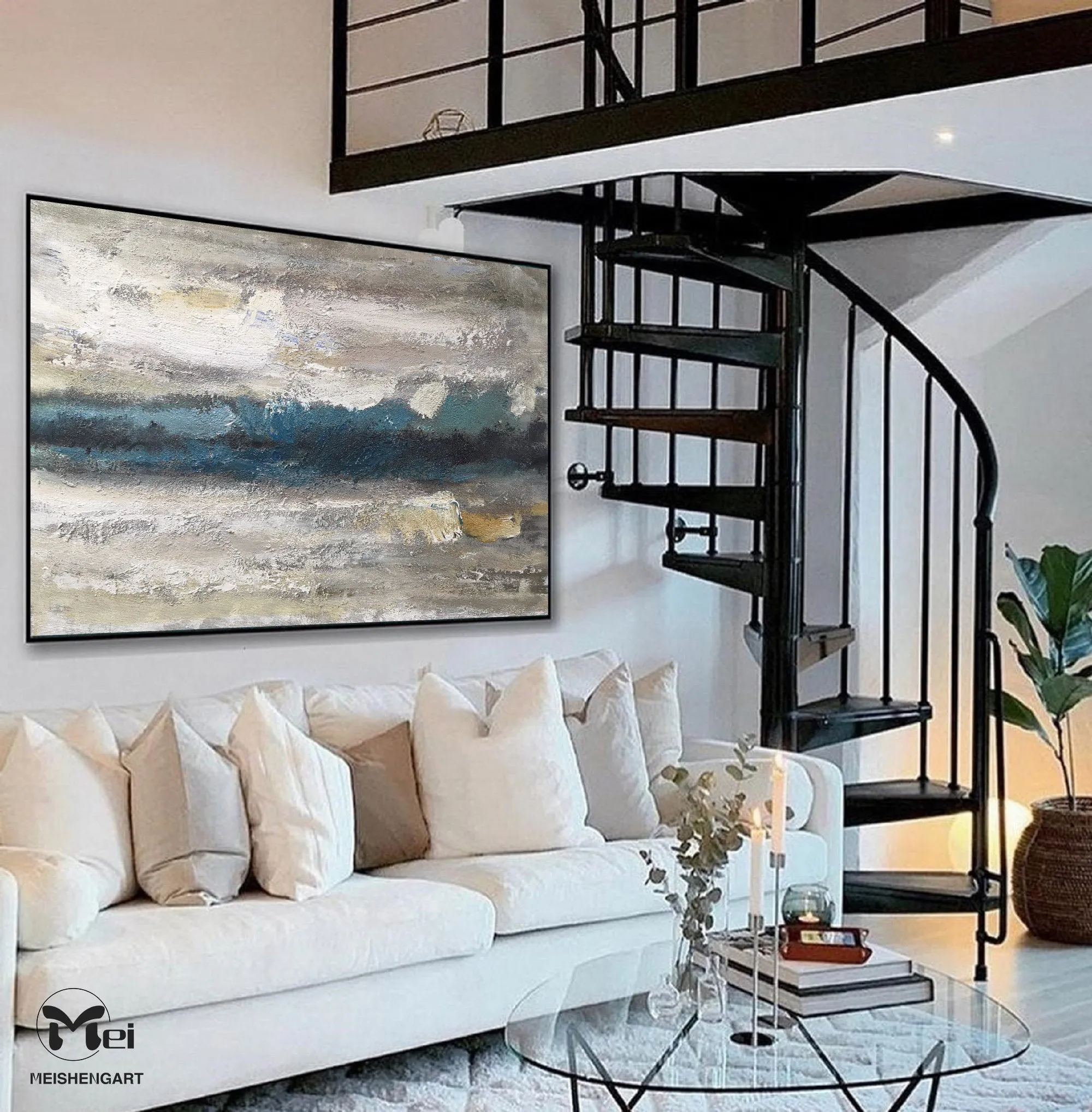 Beige and Blue Abstract Painting Heavy Texture Painting Living Room Kp023