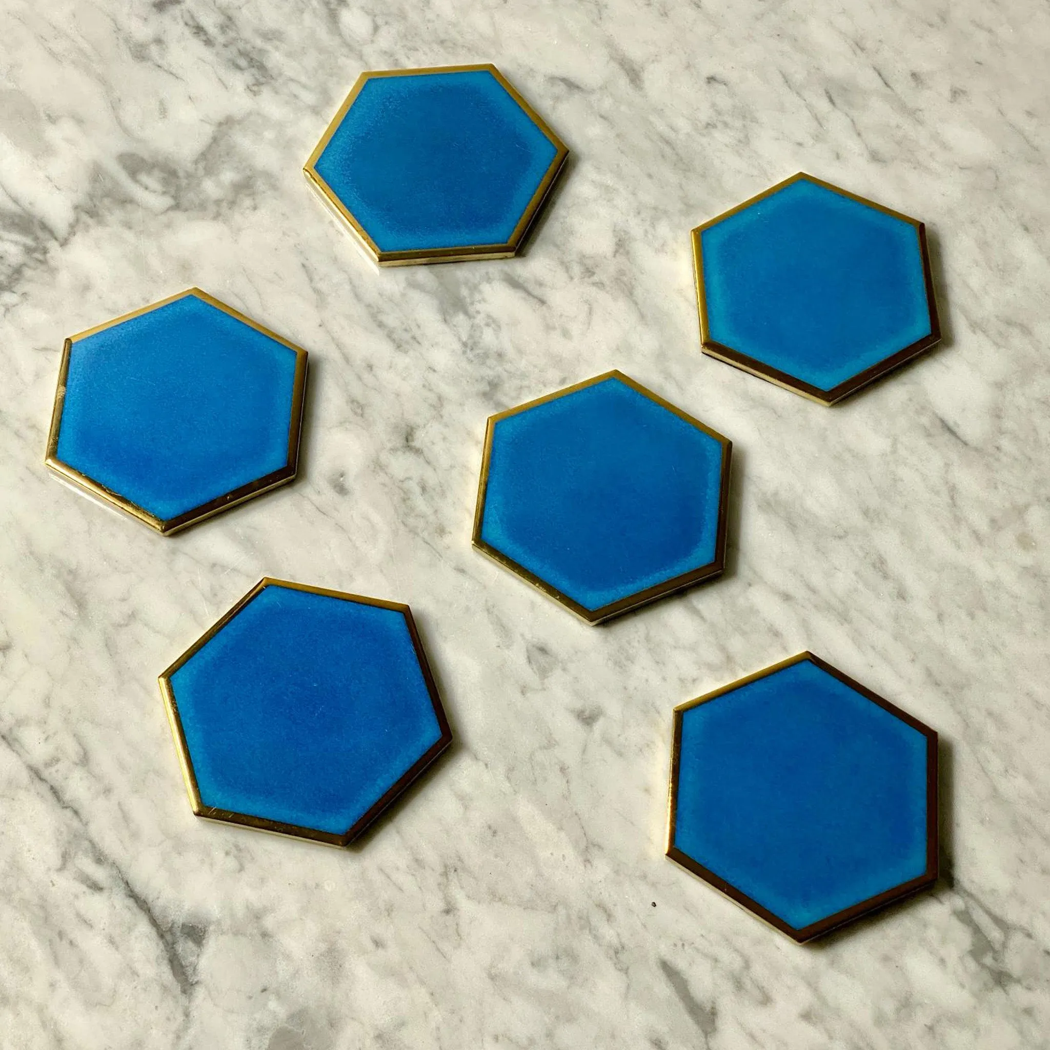 Blue & Gold Handmade Ceramic Coasters - Set of 6 / Clearance