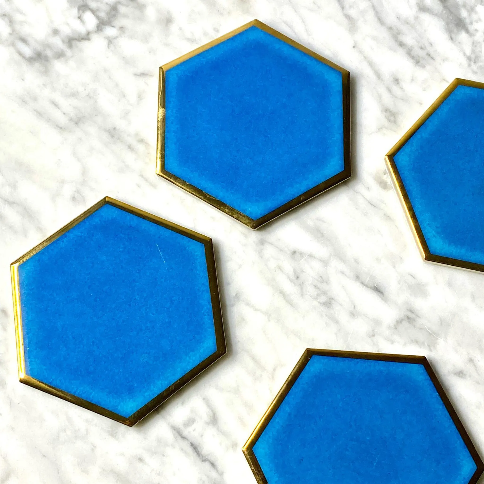 Blue & Gold Handmade Ceramic Coasters - Set of 6 / Clearance