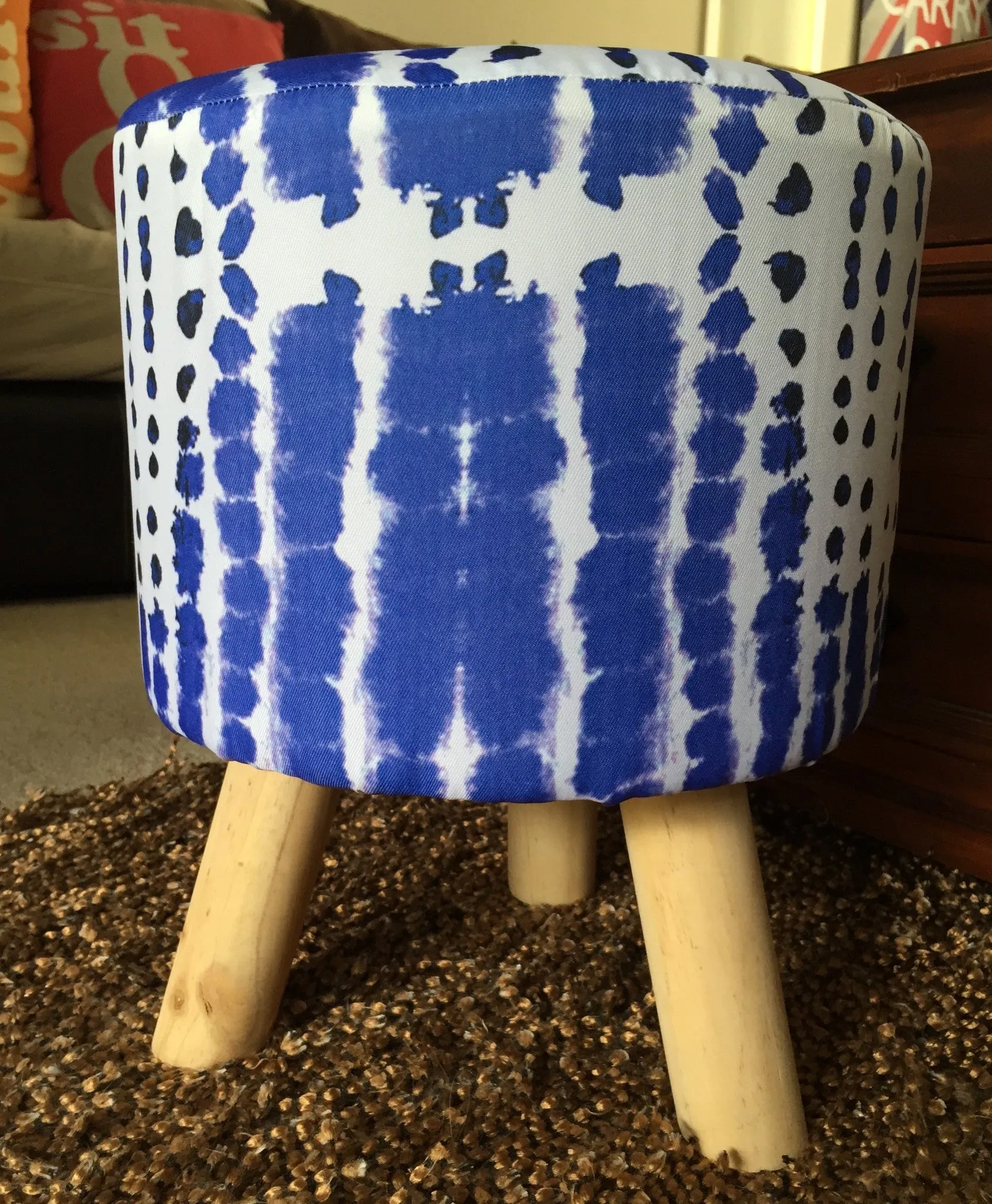 Boho Linen Foot Stool With Wooden Feet