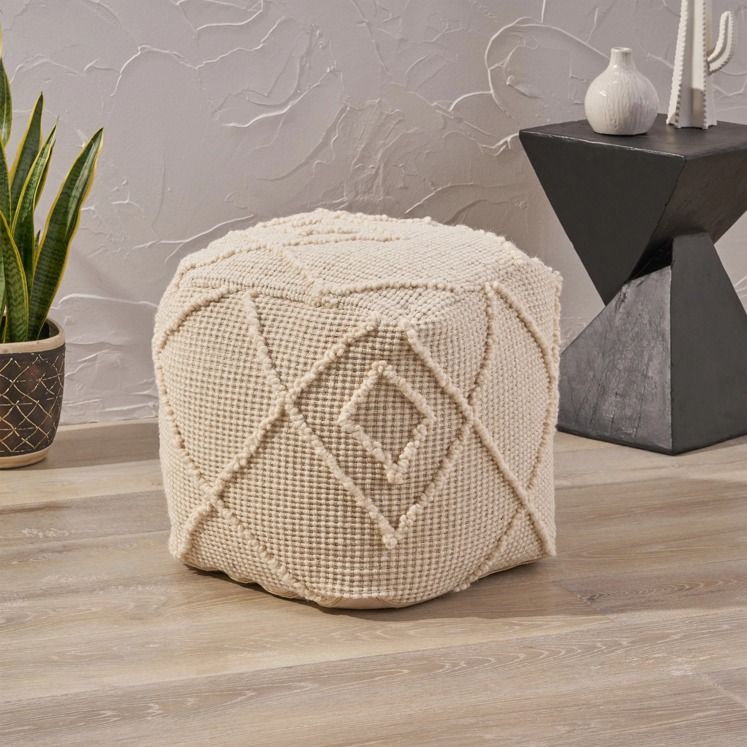 Boho Wool and Cotton Ottoman Pouf - NH223903