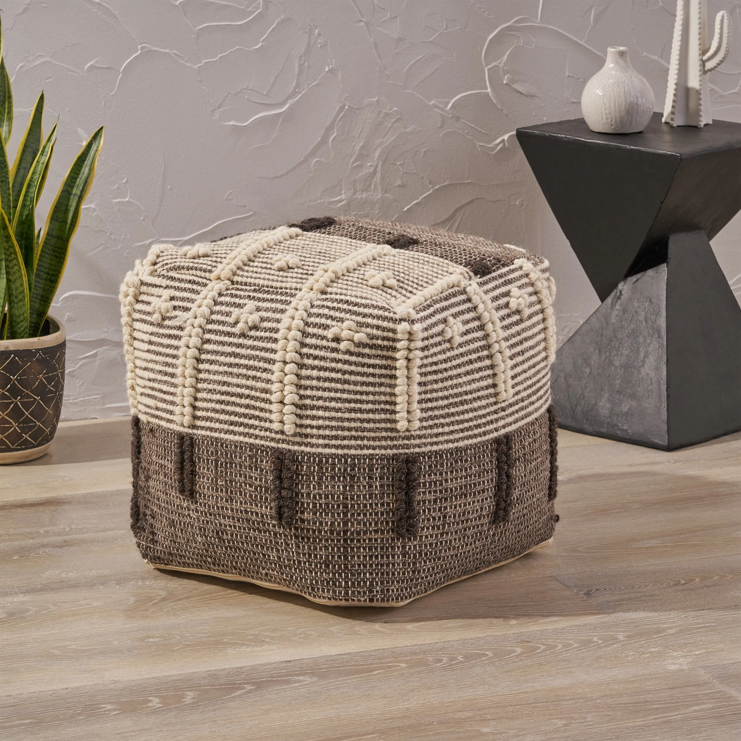 Boho Wool and Cotton Ottoman Pouf - NH803903