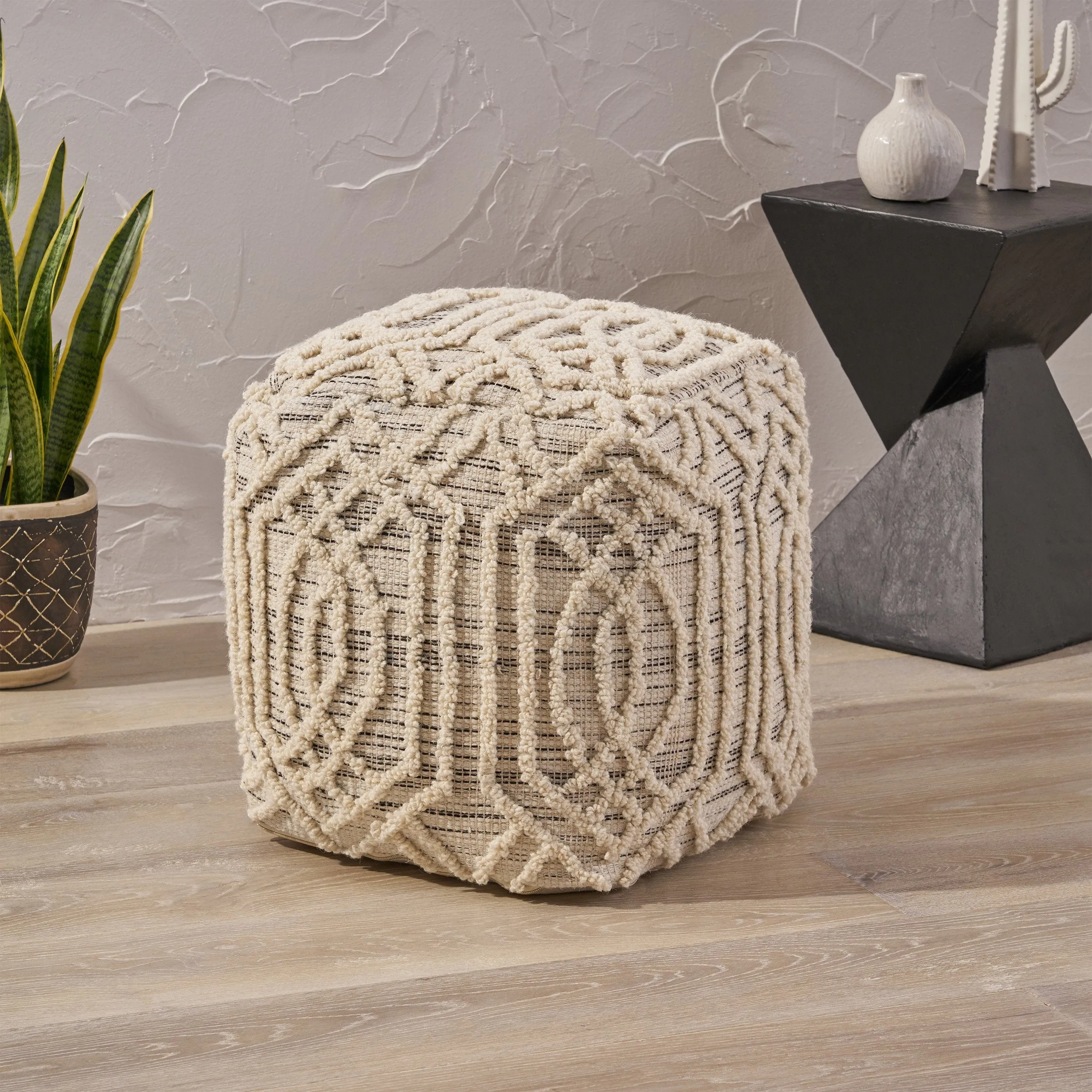 Boho Wool and Cotton Ottoman Pouf - NH813903