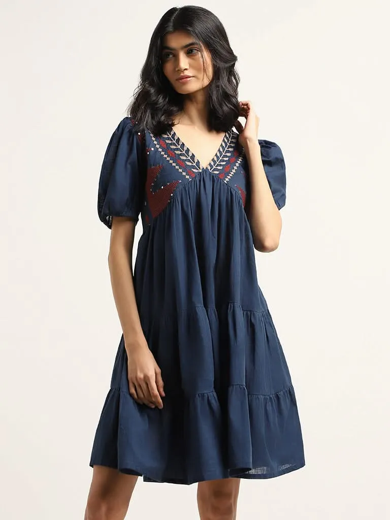 Bombay Paisley Navy Embroidered Cotton Short Dress