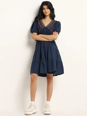 Bombay Paisley Navy Embroidered Cotton Short Dress