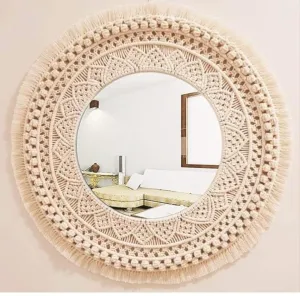 Crafty Creations Macrame Mirror for Bedroom Décor | Handmade Boho Wall Hanging for Make Up Dressing and Living Room Party Home Decoration, (Off-White)