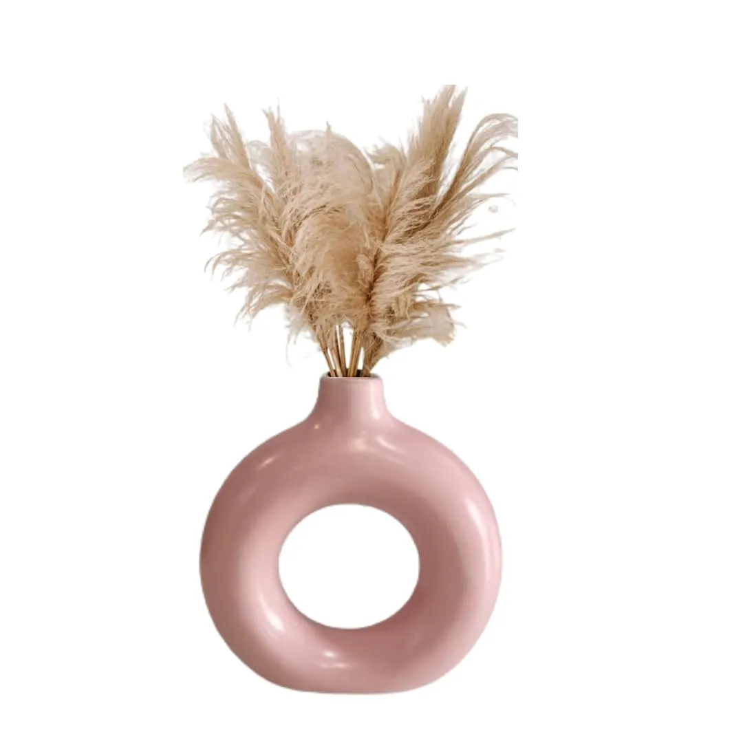 CS3HUB Home Decor Donut Vase | Flower Vase | Pampas Grass Vase | Glossy Ceramic Vase | Round Shaped Vase | Home Dcor Centerpiece | Decor Showpiece 6Inch Pink (Pampass Grass not Included)