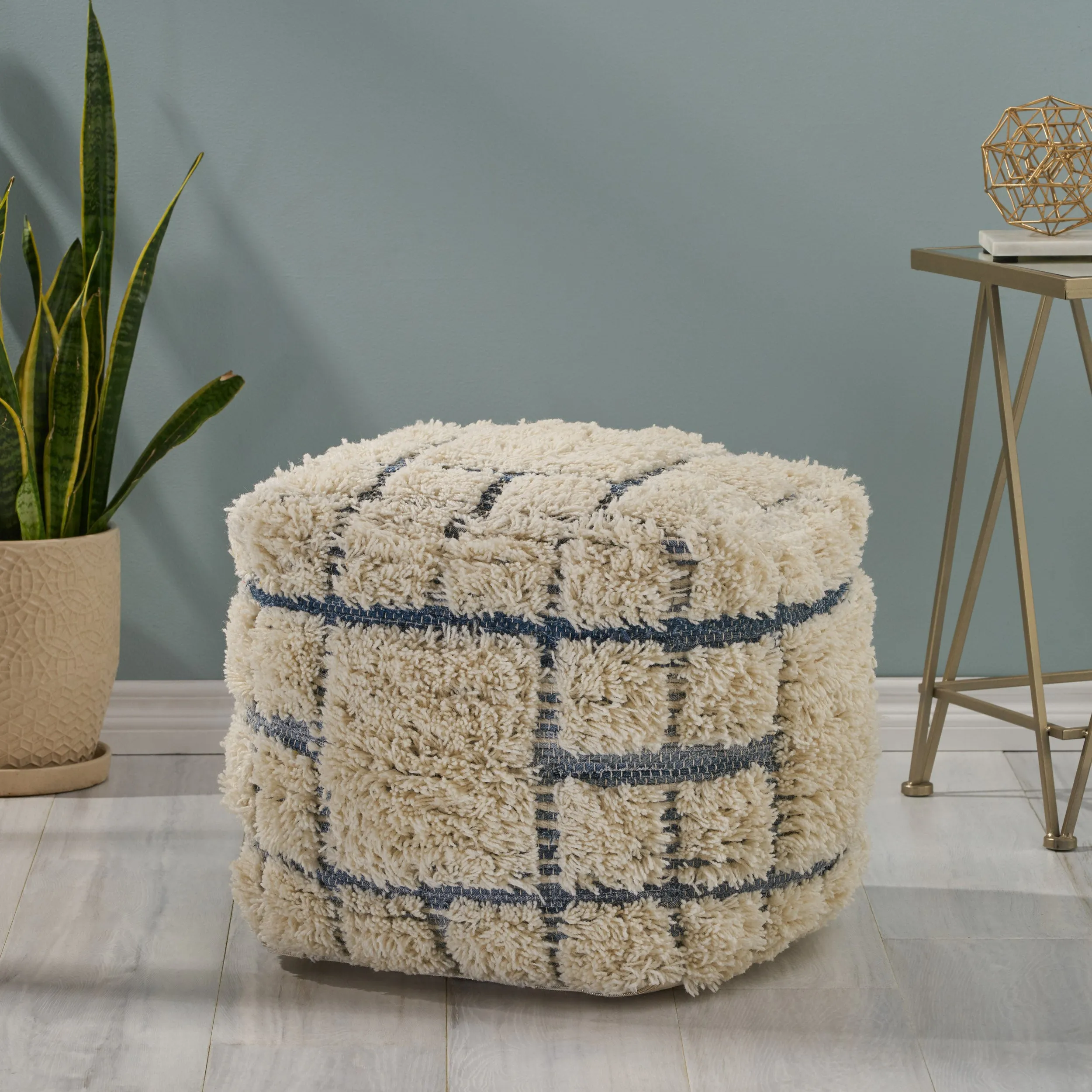 Davionna Boho Wool and Denim Pouf