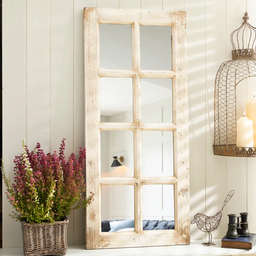 Distressed Off-White Window Mirror – Rustic Farmhouse Wall Decor