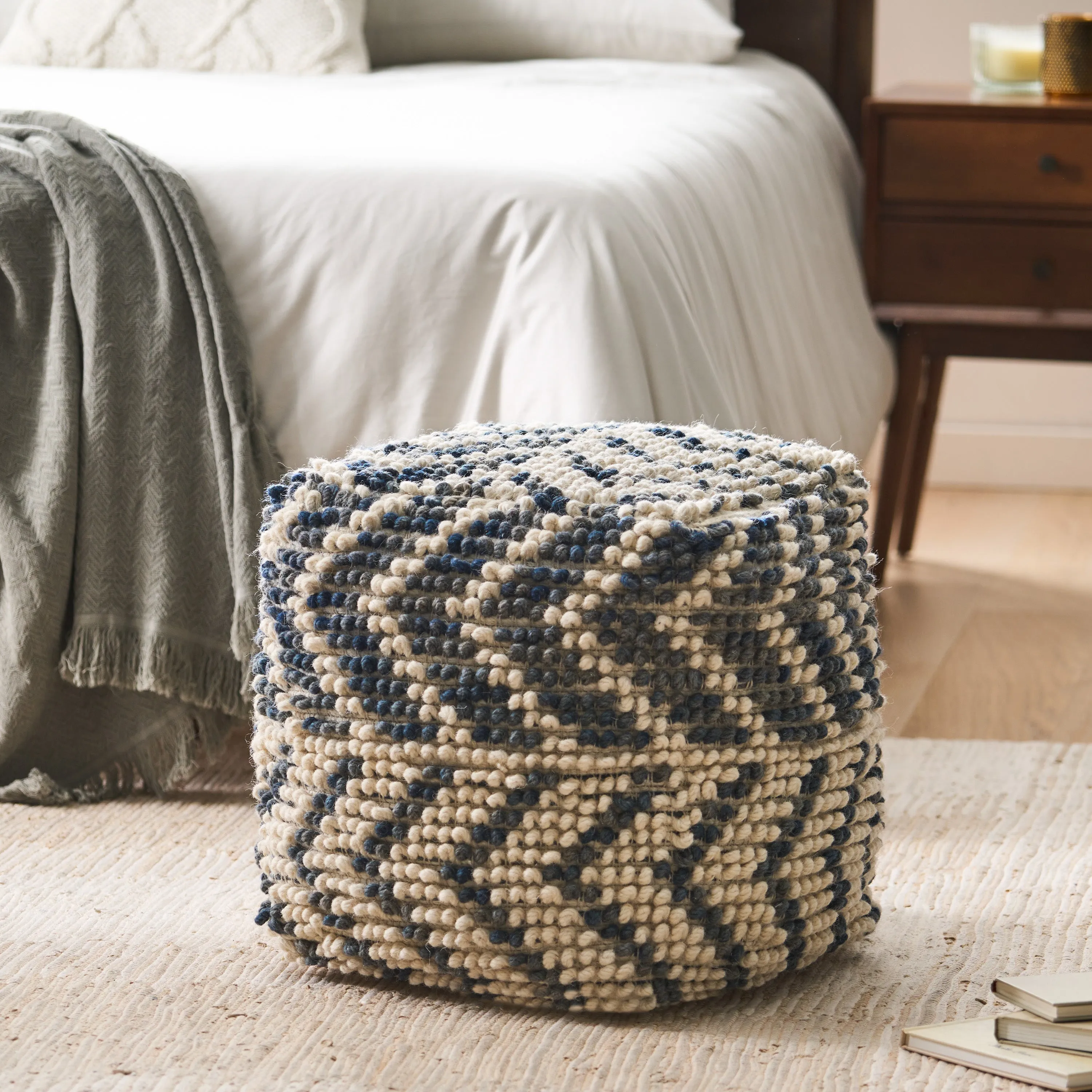 Ekrem Boho Wool and Cotton Large Ottoman Pouf