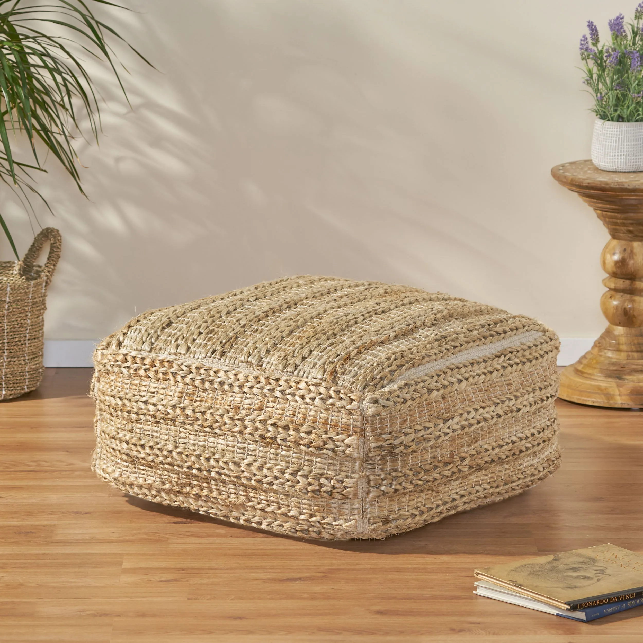 Evangelynn Boho Fabric Rattan Square Pouf