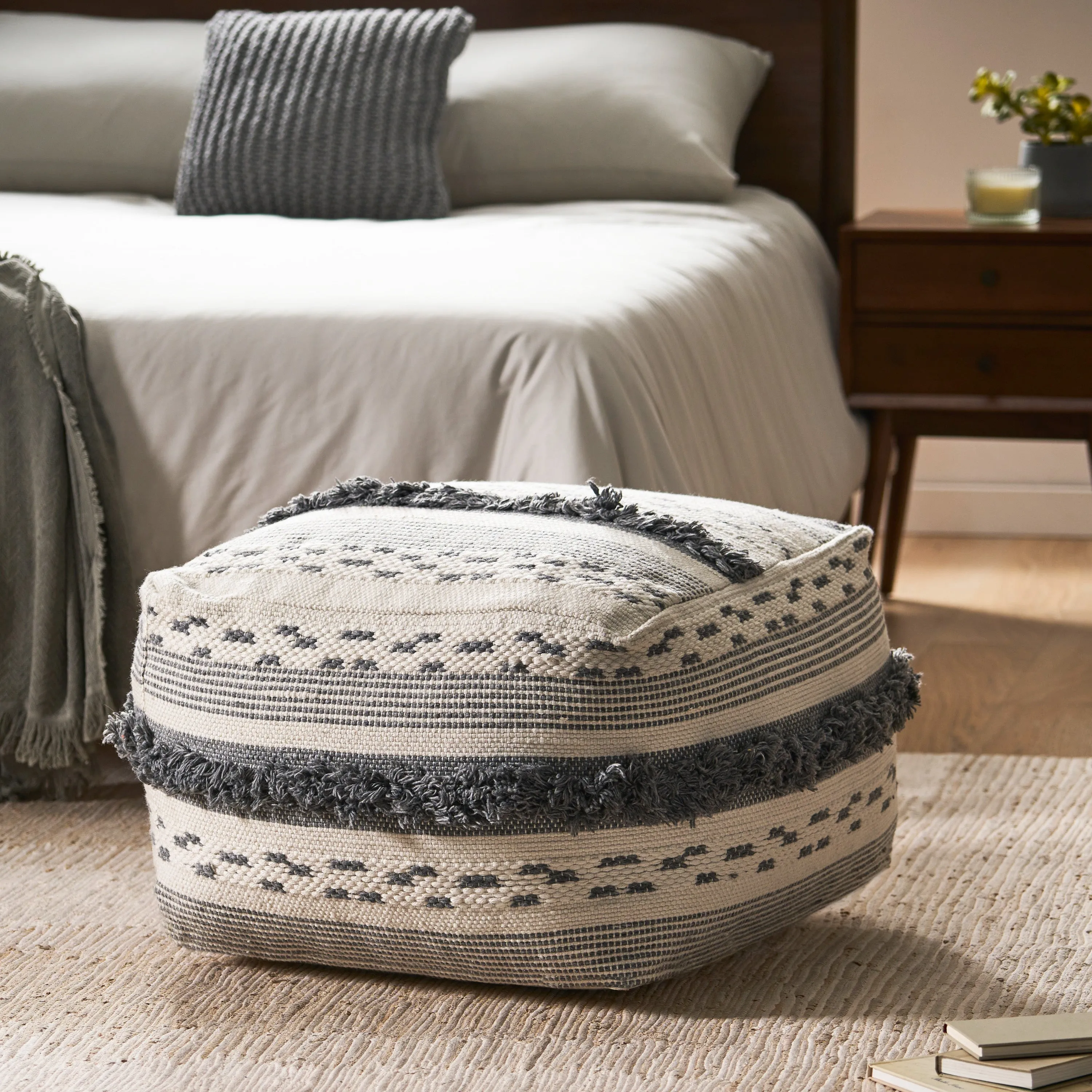 Evanora Contemporary Faux Yarn Pouf Ottoman