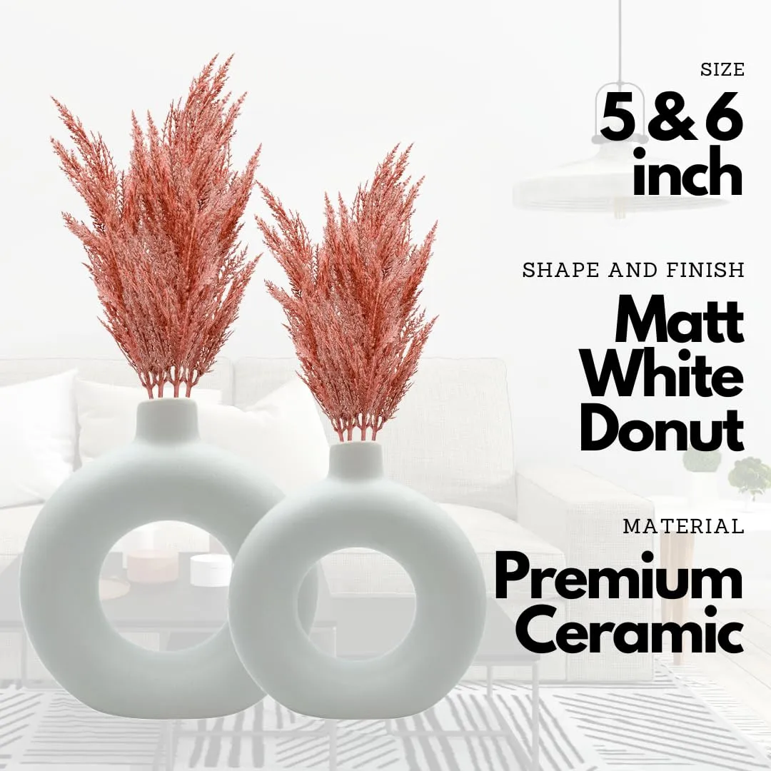 Farkraft White Vase/Flower Vase/Pampas Grass Vase/Ceramic Vase/Round Shaped Vase/Home Decor Centrepiece/Decor Showpiece Donut Vase 5 & 6 Inches (Pack of 2)