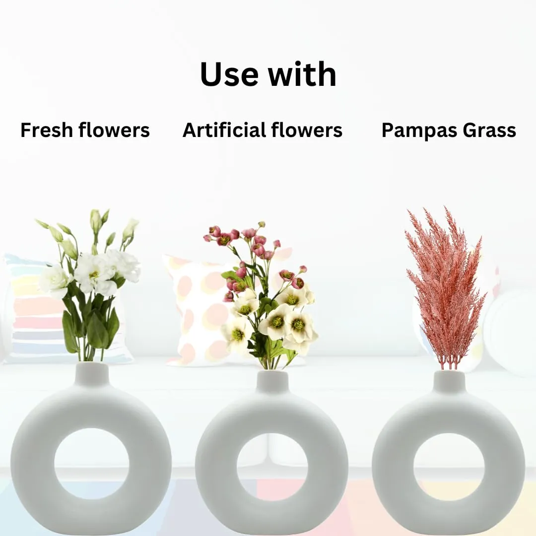 Farkraft White Vase/Flower Vase/Pampas Grass Vase/Ceramic Vase/Round Shaped Vase/Home Decor Centrepiece/Decor Showpiece Donut Vase 5 & 6 Inches (Pack of 2)