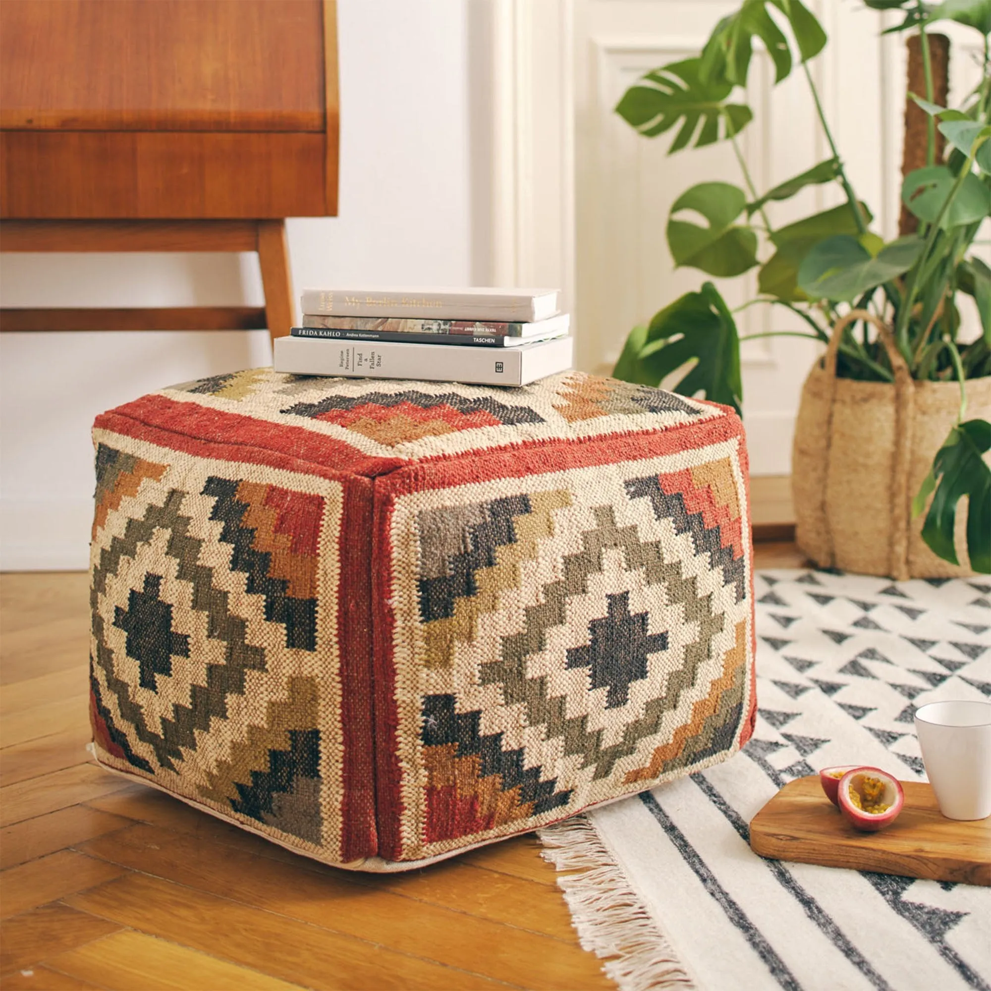 Gandaki Jute Pouffe [Rust orange/Sand/Olive green]