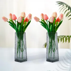 Gleevers Glass Vase for Home Decor (2Pcs- 22cm) |Center Table Decorative Items| Flower Vases for Home Decor| Dining Table Decorative Items| Transparent Flower Vase for Living Room, Bookshelf- Grey