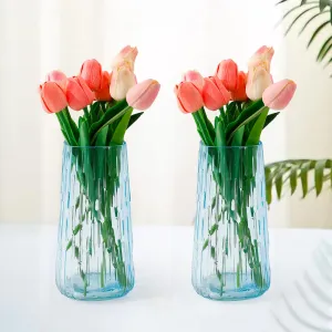 Gleevers Glass Vase for Home Decor (2Pcs- 24cm) |Center Table Decorative Items| Flower Vases for Home Decor| Dining Table Decorative Items| Transparent Flower Vase for Living Room, Bookshelf- Blue