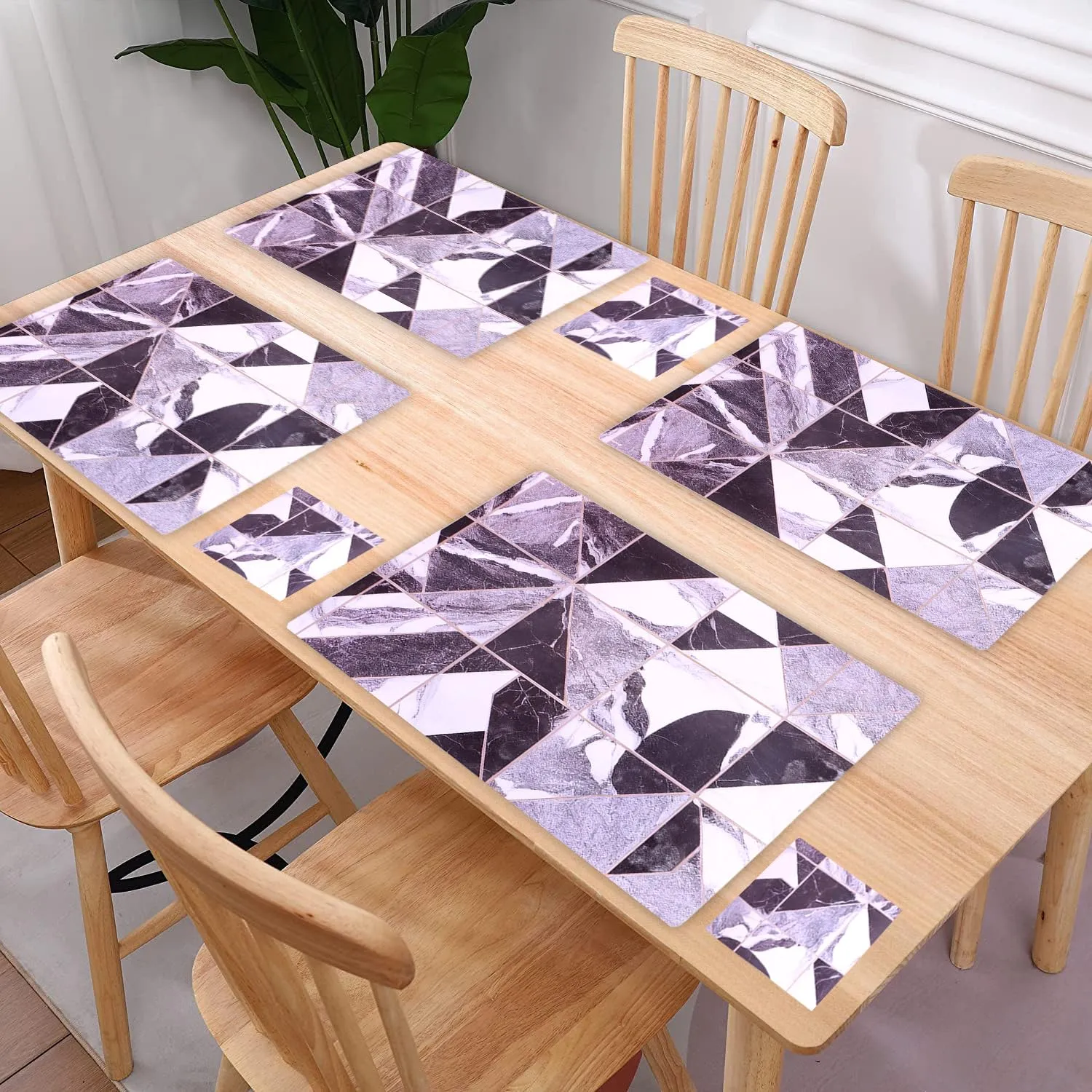 Heart Home Placemat | Table Placemats with Coasters | Table Placemats with Tea Coasters | Dining Table Placemats & Coasters Set | Check Marble | 12 Piece Set | Black & White