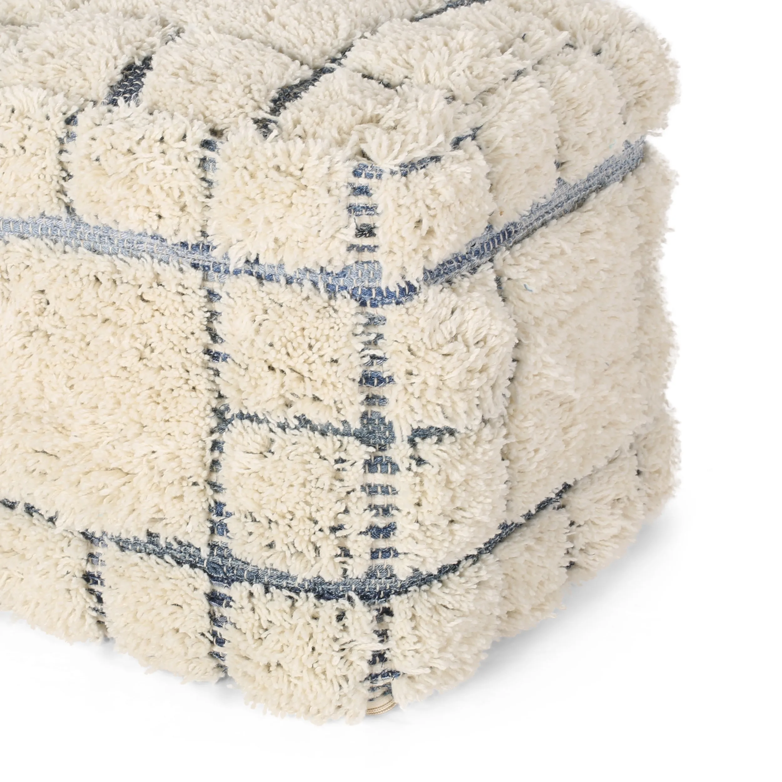 Heidi Boho Wool and Denim Pouf, Blue and White