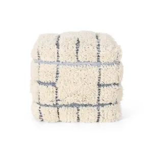 Heidi Boho Wool and Denim Pouf, Blue and White