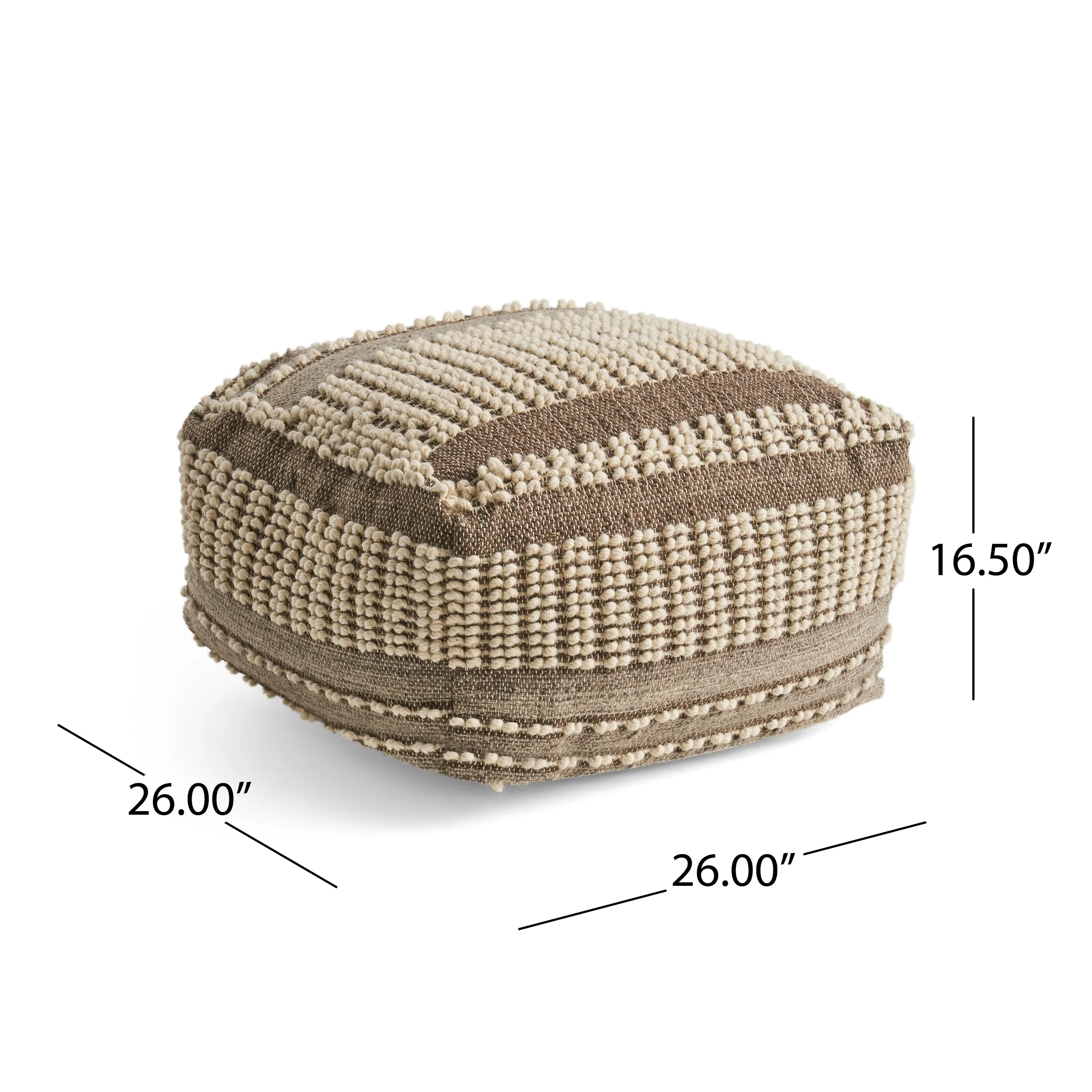 Hellen Boho Wool and Cotton Ottoman Pouf, Gray and White